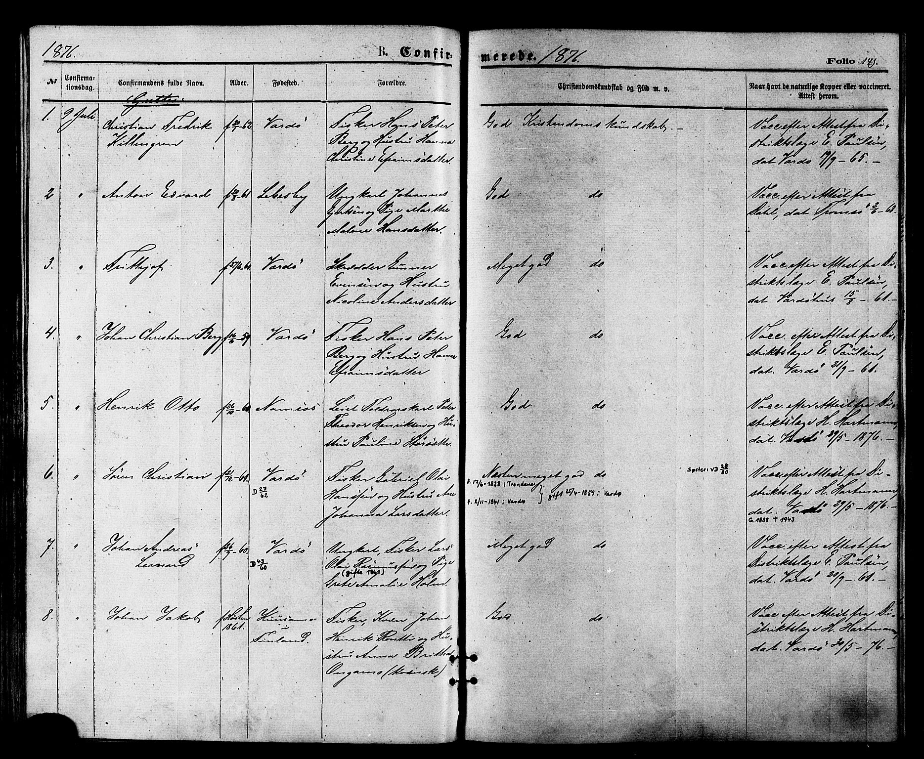 Vardø sokneprestkontor, AV/SATØ-S-1332/H/Ha/L0005kirke: Parish register (official) no. 5, 1872-1878, p. 141