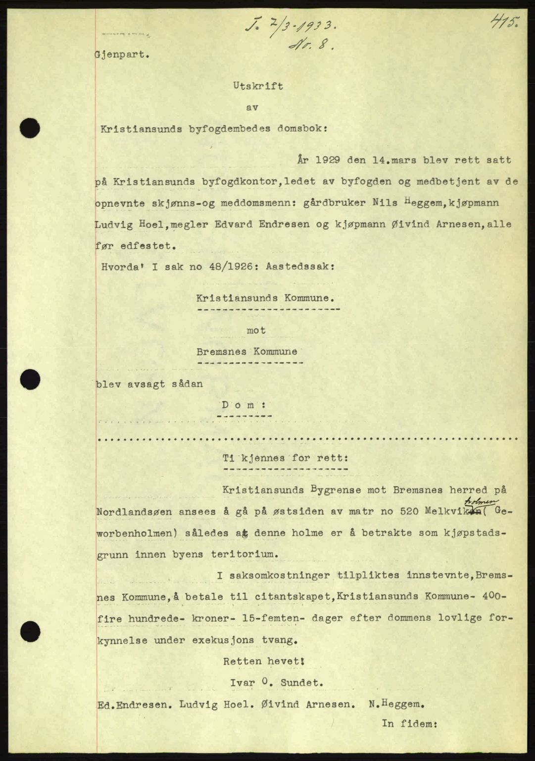 Kristiansund byfogd, AV/SAT-A-4587/A/27: Mortgage book no. 26, 1931-1933, Deed date: 07.03.1933