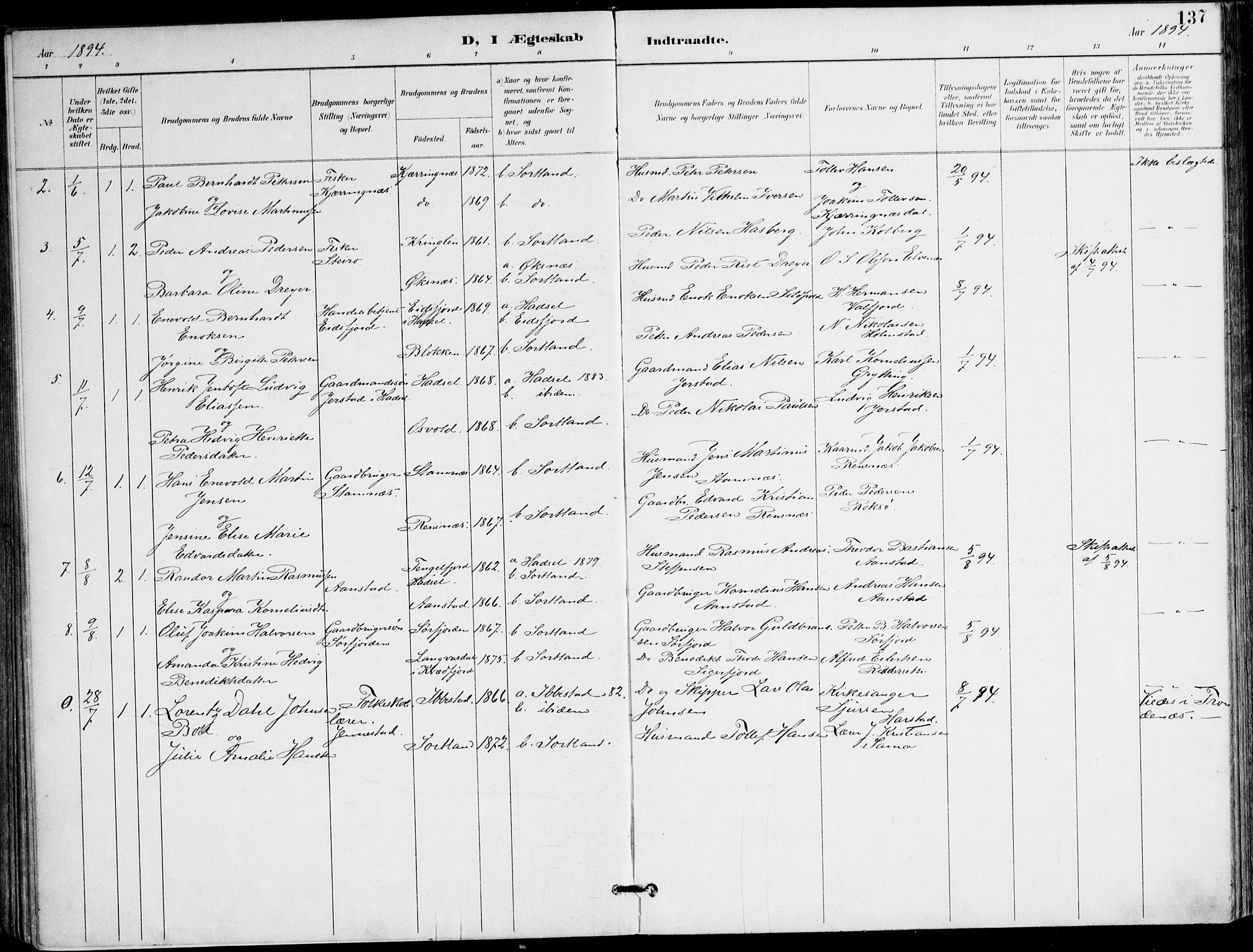 Ministerialprotokoller, klokkerbøker og fødselsregistre - Nordland, AV/SAT-A-1459/895/L1372: Parish register (official) no. 895A07, 1894-1914, p. 137