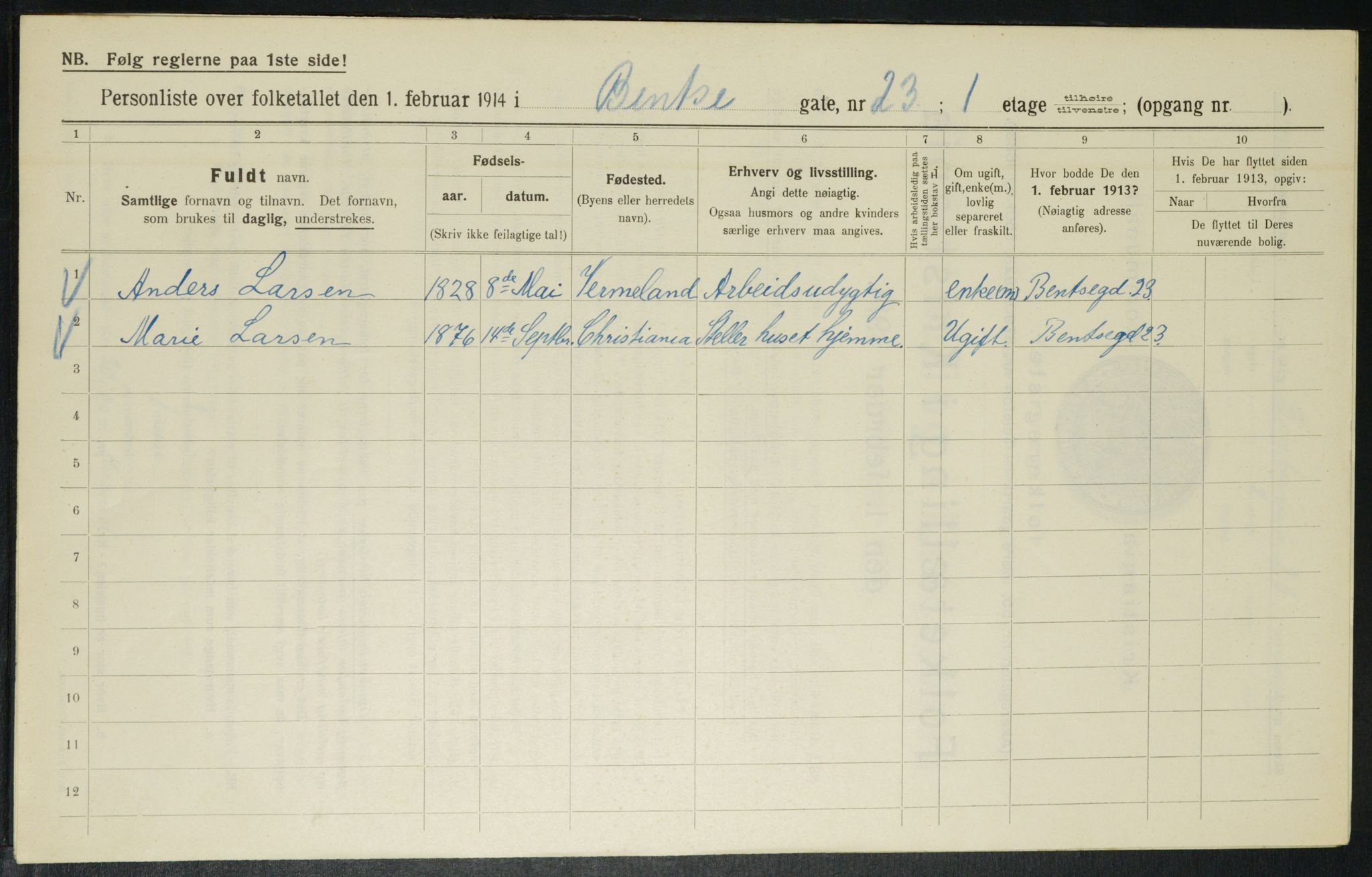 OBA, Municipal Census 1914 for Kristiania, 1914, p. 3688