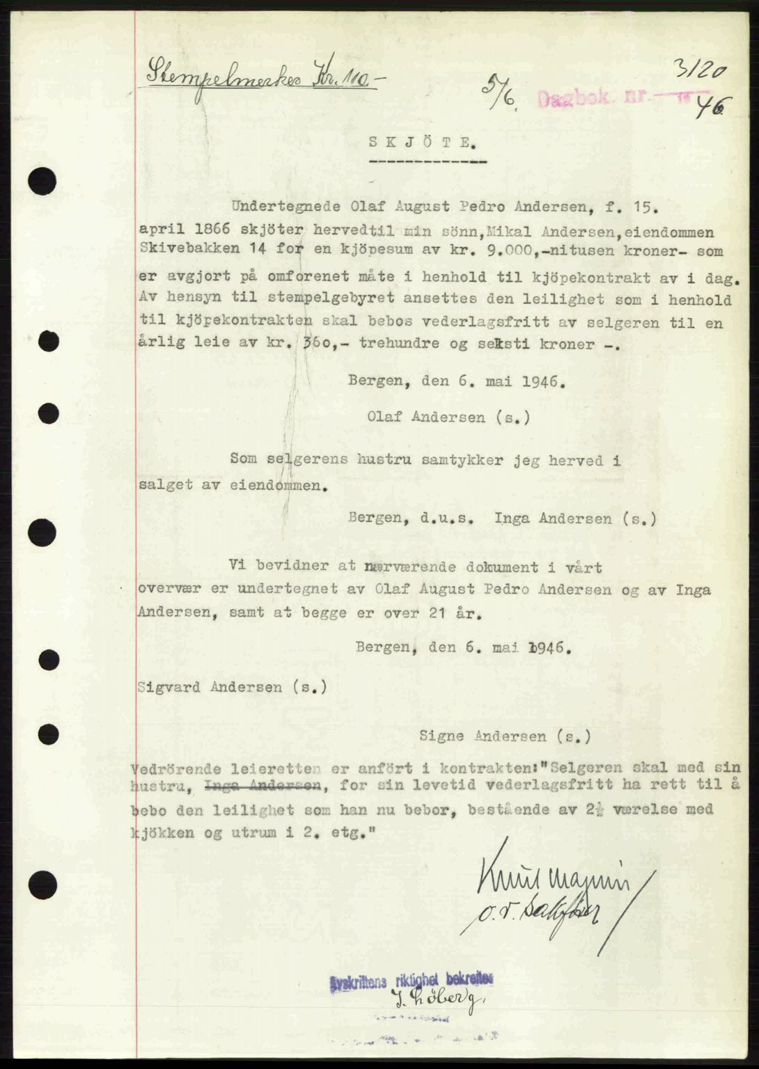 Byfogd og Byskriver i Bergen, SAB/A-3401/03/03Bc/L0022: Mortgage book no. A18, 1946-1946, Diary no: : 3120/1946