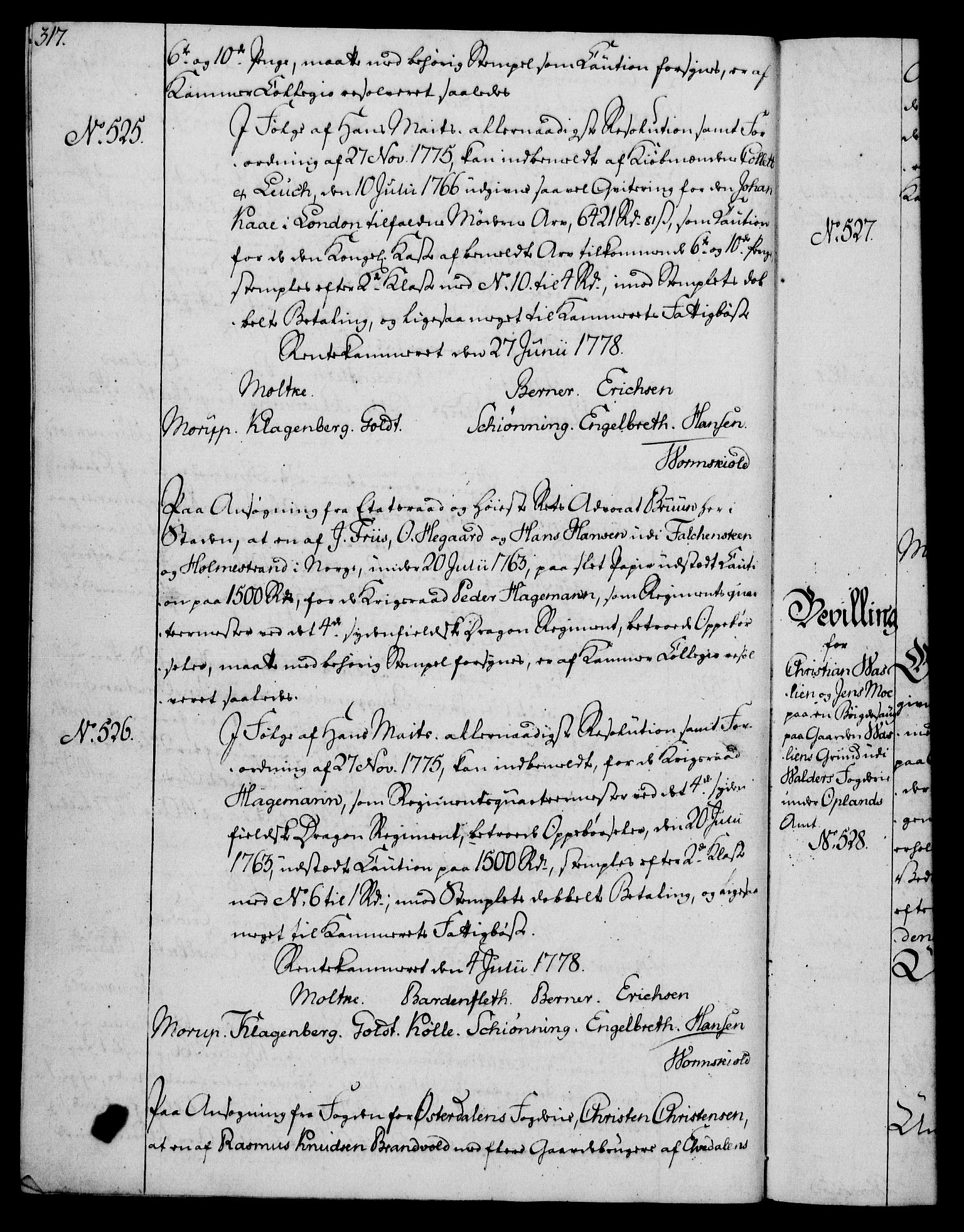 Rentekammeret, Kammerkanselliet, RA/EA-3111/G/Gg/Gga/L0010: Norsk ekspedisjonsprotokoll med register (merket RK 53.10), 1773-1778, p. 317
