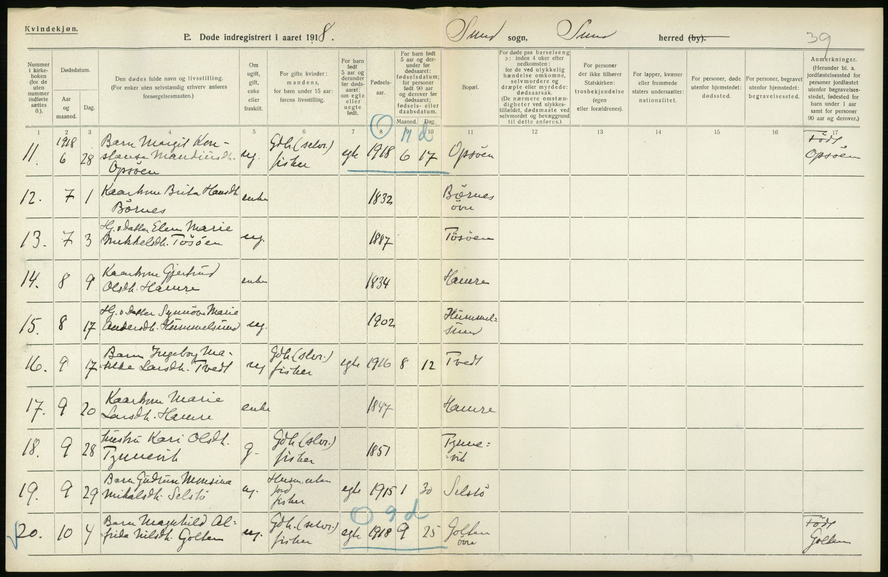 Statistisk sentralbyrå, Sosiodemografiske emner, Befolkning, AV/RA-S-2228/D/Df/Dfb/Dfbh/L0036: Hordaland fylke: Døde., 1918, p. 492