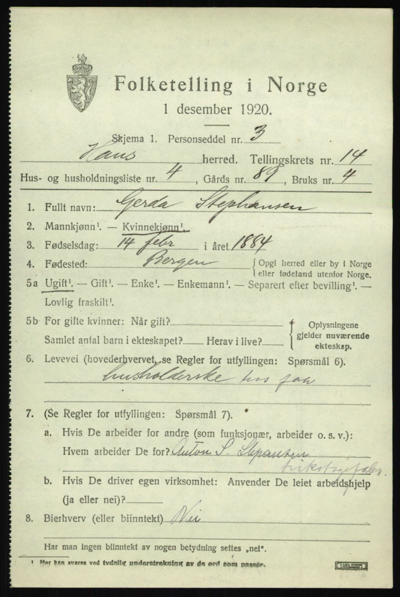 SAB, 1920 census for Haus, 1920, p. 8833