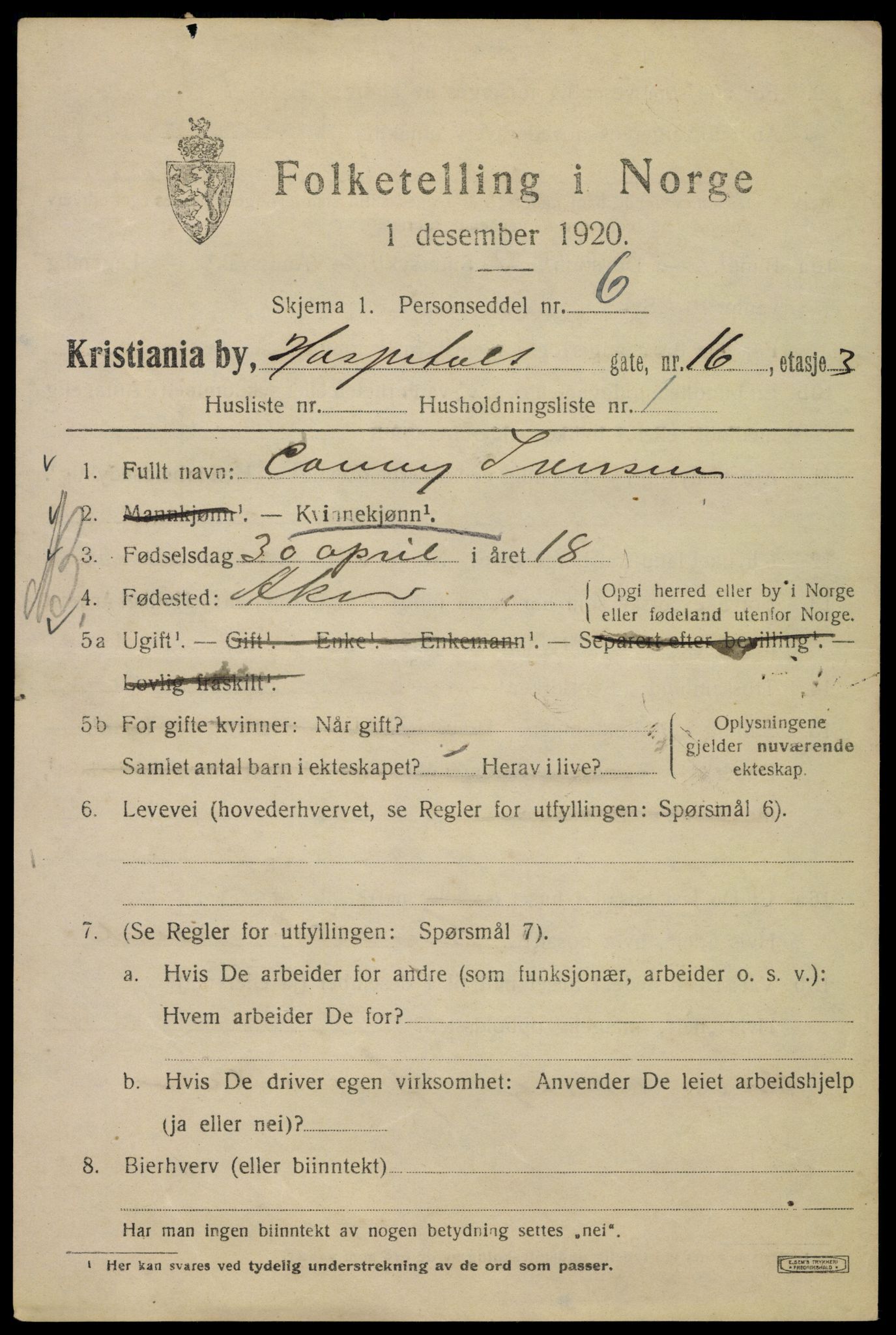 SAO, 1920 census for Kristiania, 1920, p. 299323