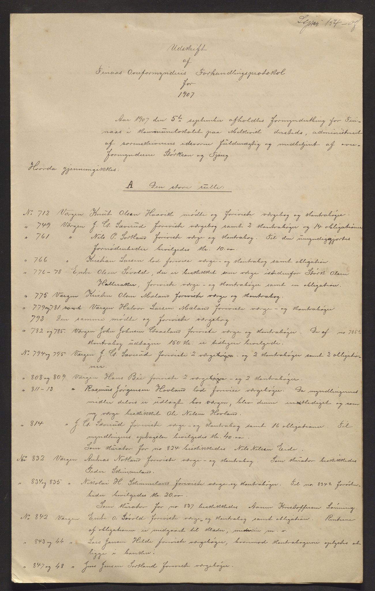 Finnaas kommune. Overformynderiet, IKAH/1218a-812/R/Ra/Raa/L0008/0001: Årlege rekneskap m/vedlegg / Årlege rekneskap m/vedlegg, 1907