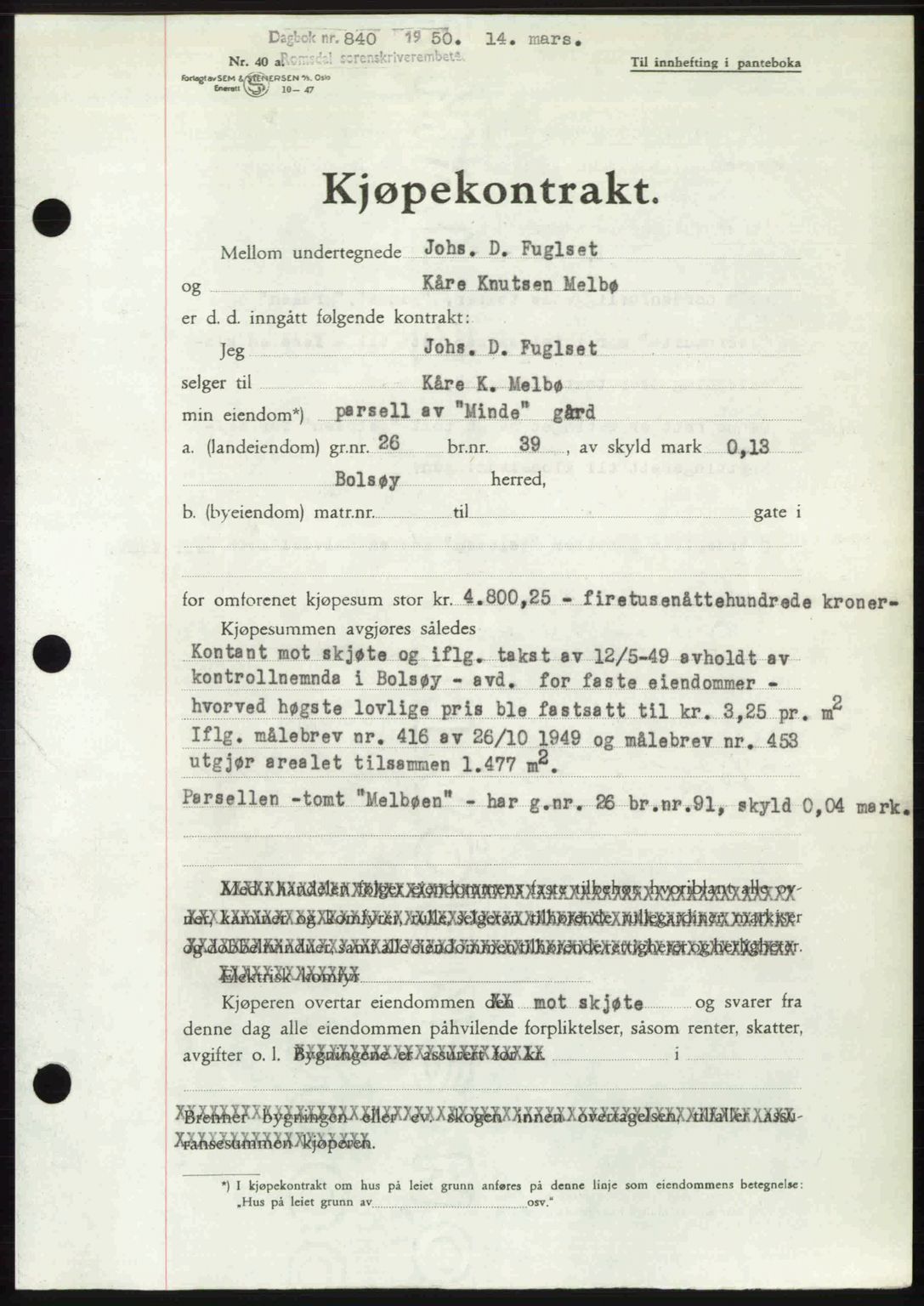 Romsdal sorenskriveri, AV/SAT-A-4149/1/2/2C: Mortgage book no. A32, 1950-1950, Diary no: : 840/1950