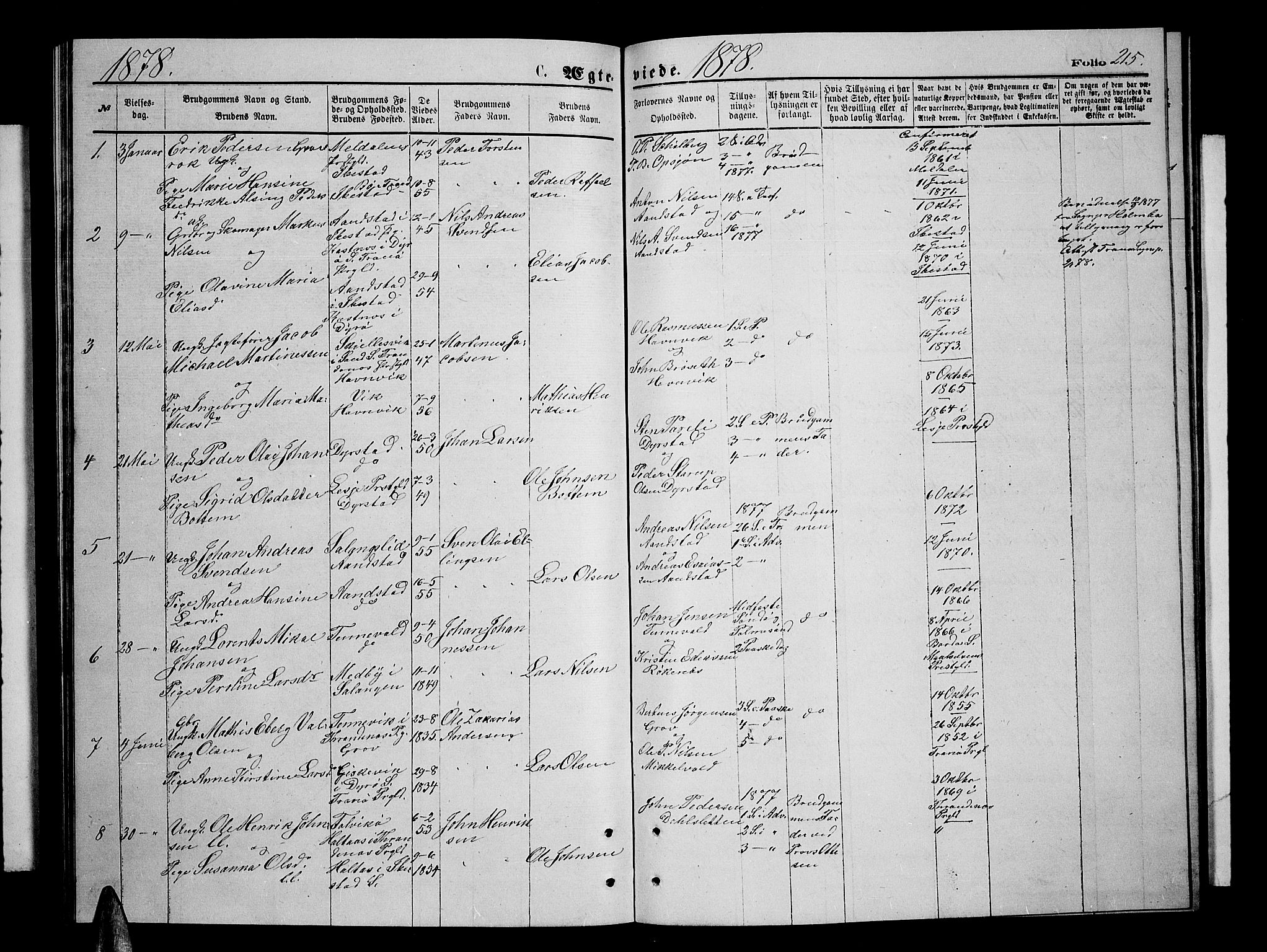 Ibestad sokneprestembete, SATØ/S-0077/H/Ha/Hab/L0006klokker: Parish register (copy) no. 6, 1871-1879, p. 215