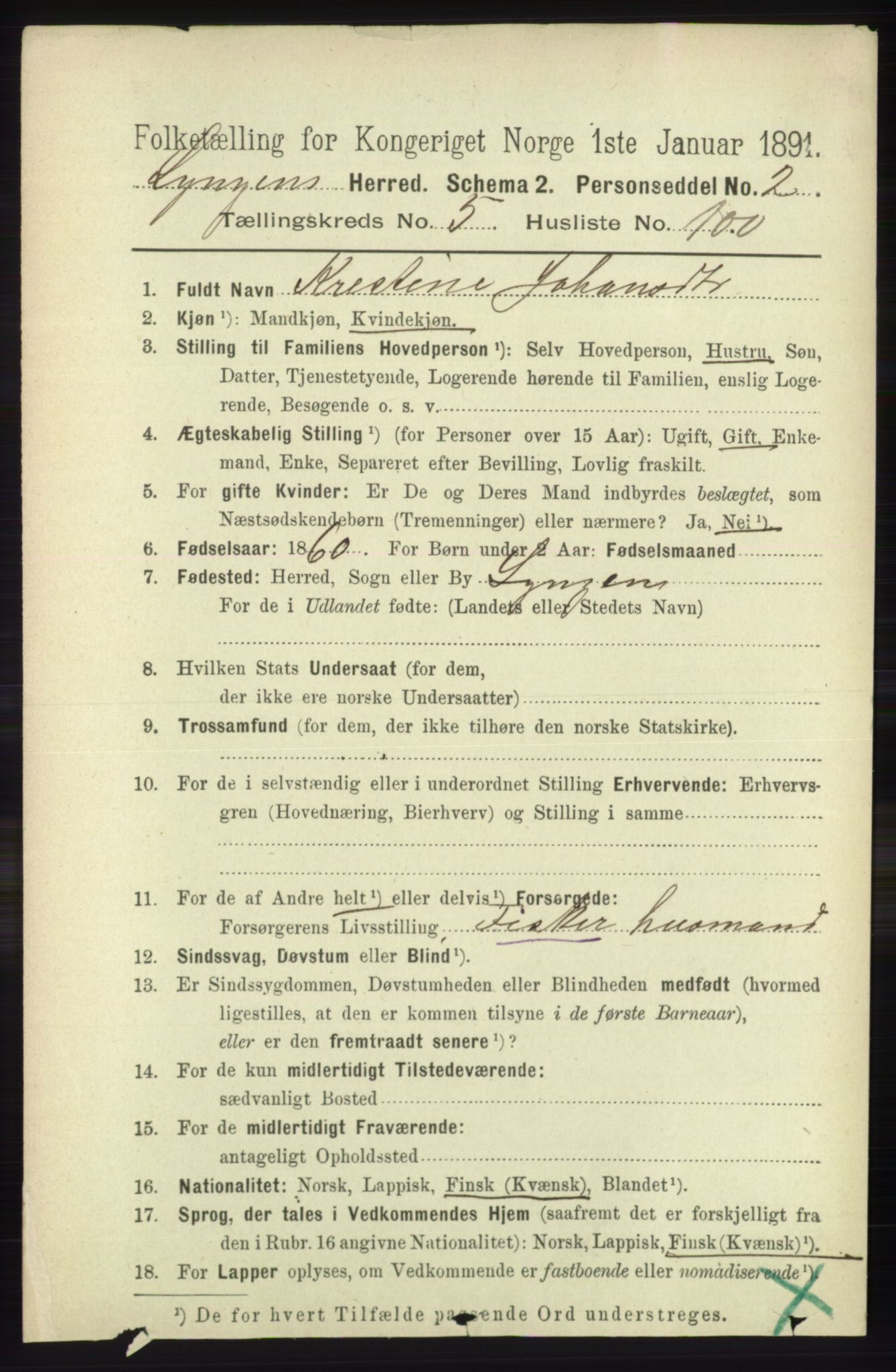 RA, 1891 census for 1938 Lyngen, 1891, p. 5084