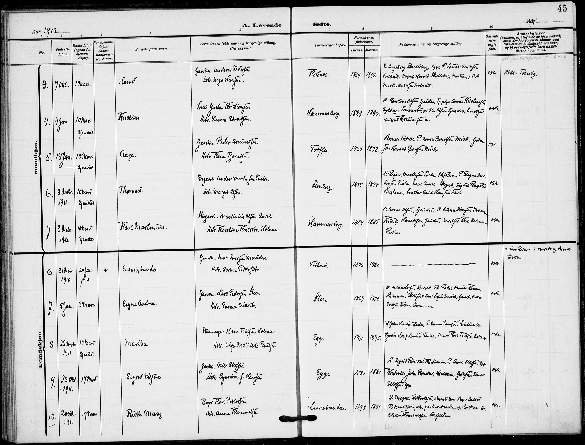 Lier kirkebøker, AV/SAKO-A-230/F/Fa/L0018: Parish register (official) no. I 18, 1909-1917, p. 45