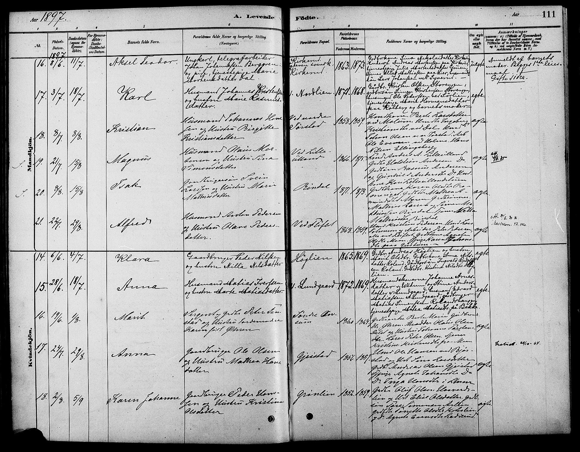 Fåberg prestekontor, SAH/PREST-086/H/Ha/Haa/L0008: Parish register (official) no. 8, 1879-1898, p. 111