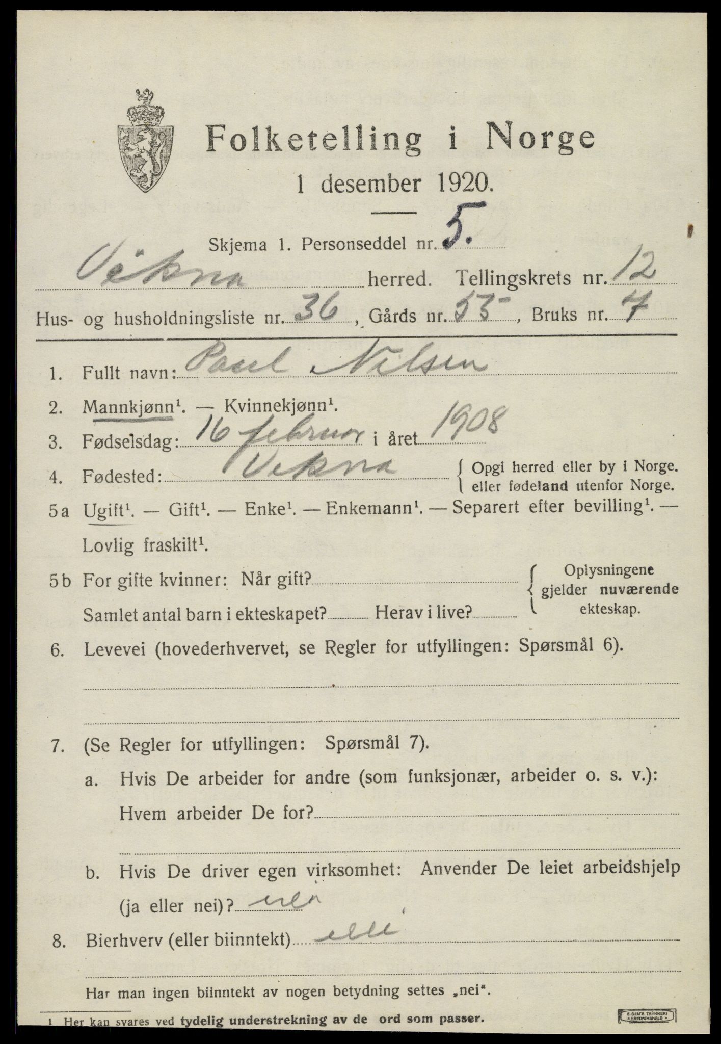 SAT, 1920 census for Vikna, 1920, p. 8203