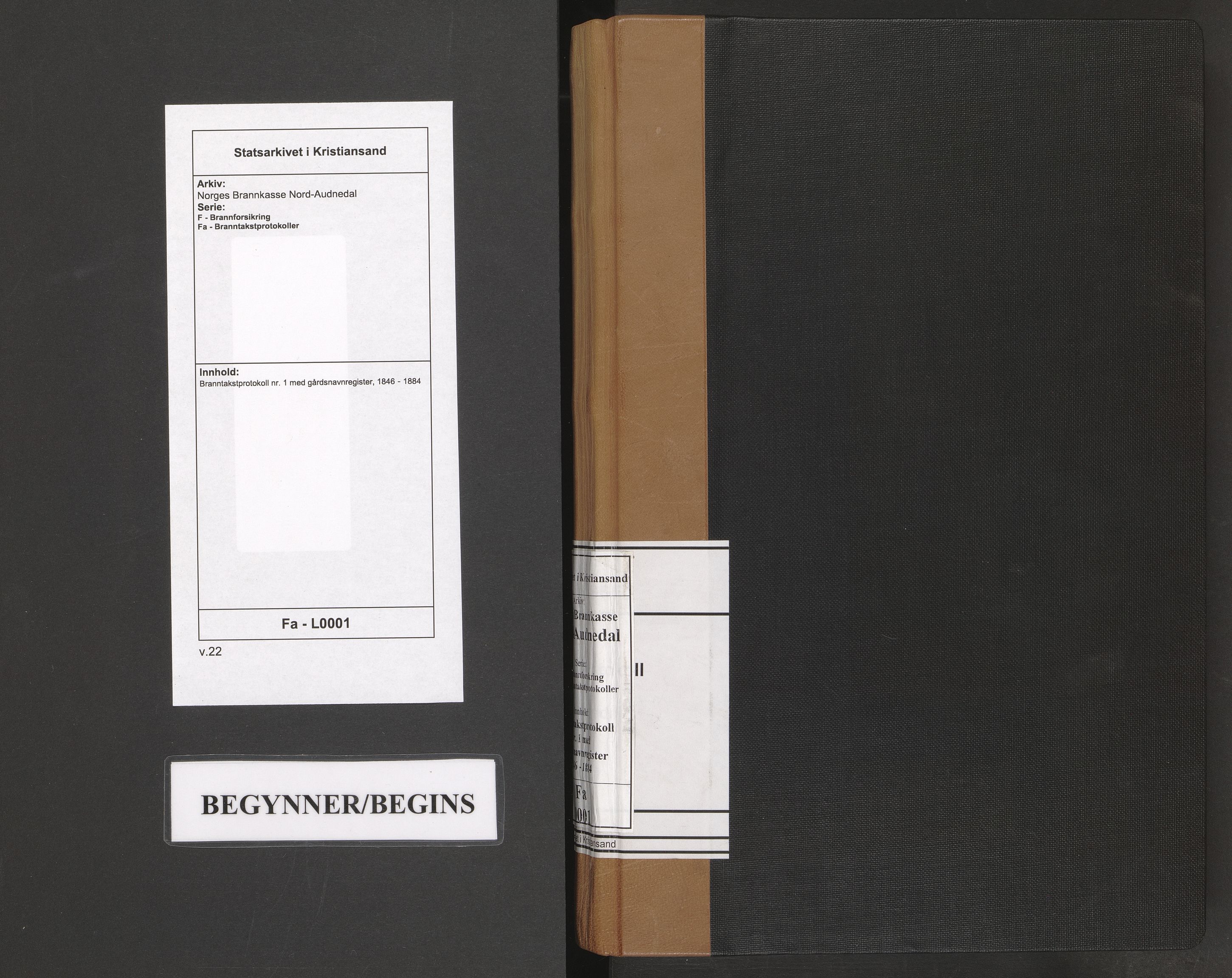 Norges Brannkasse Nord-Audnedal, AV/SAK-2241-0041/F/Fa/L0001: Branntakstprotokoll nr. 1 med gårdsnavnregister, 1846-1884