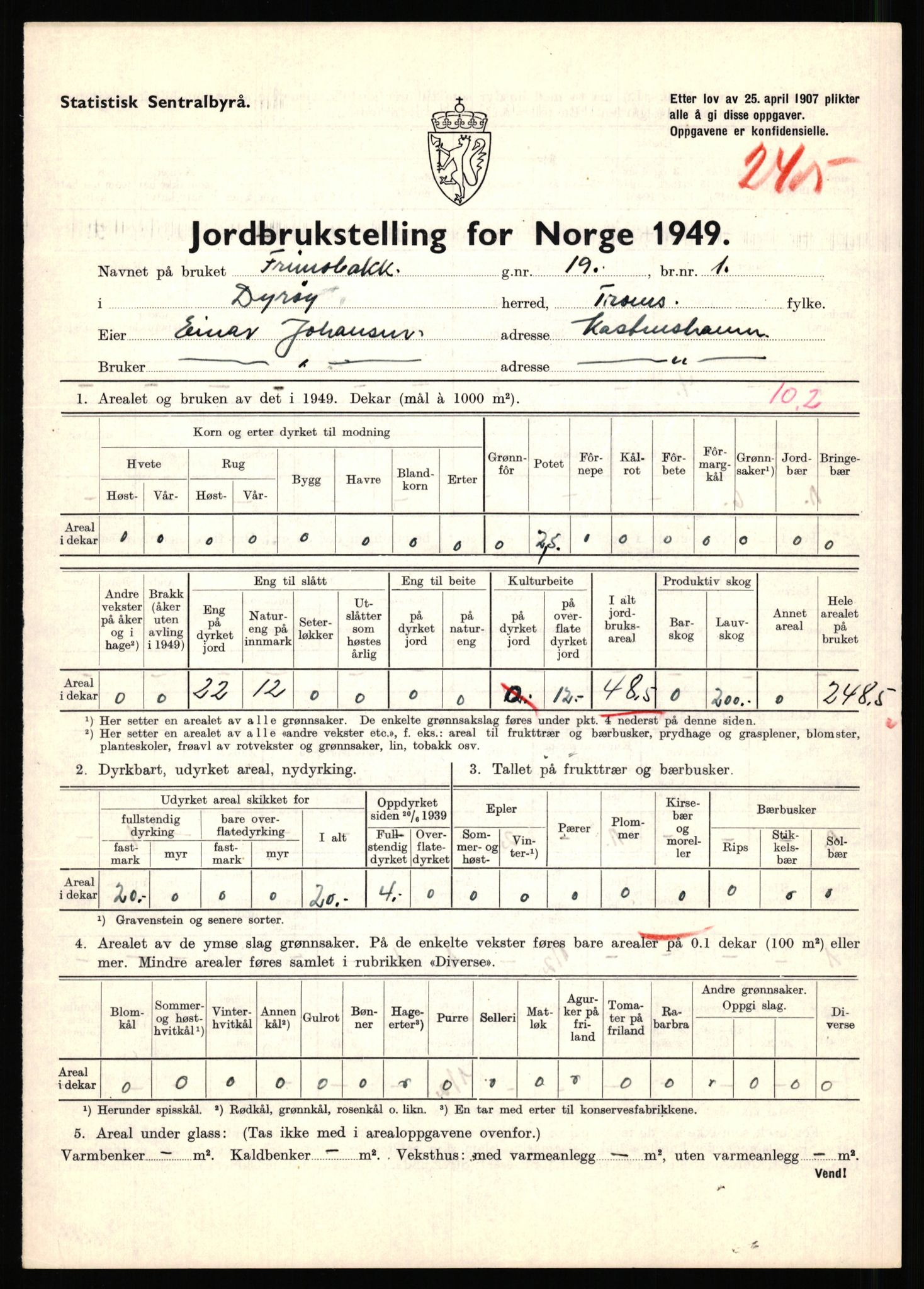 Statistisk sentralbyrå, Næringsøkonomiske emner, Jordbruk, skogbruk, jakt, fiske og fangst, AV/RA-S-2234/G/Gc/L0440: Troms: Sørreisa og Dyrøy, 1949, p. 1515