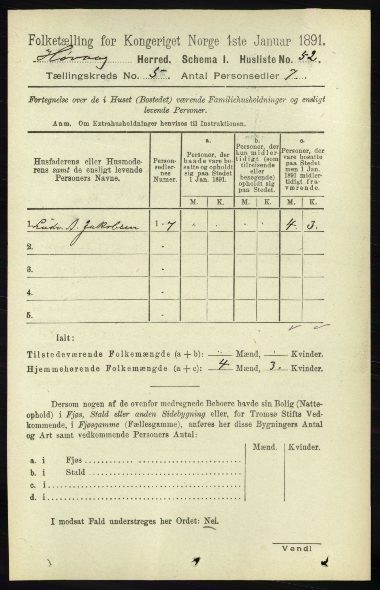 RA, 1891 census for 0927 Høvåg, 1891, p. 1837