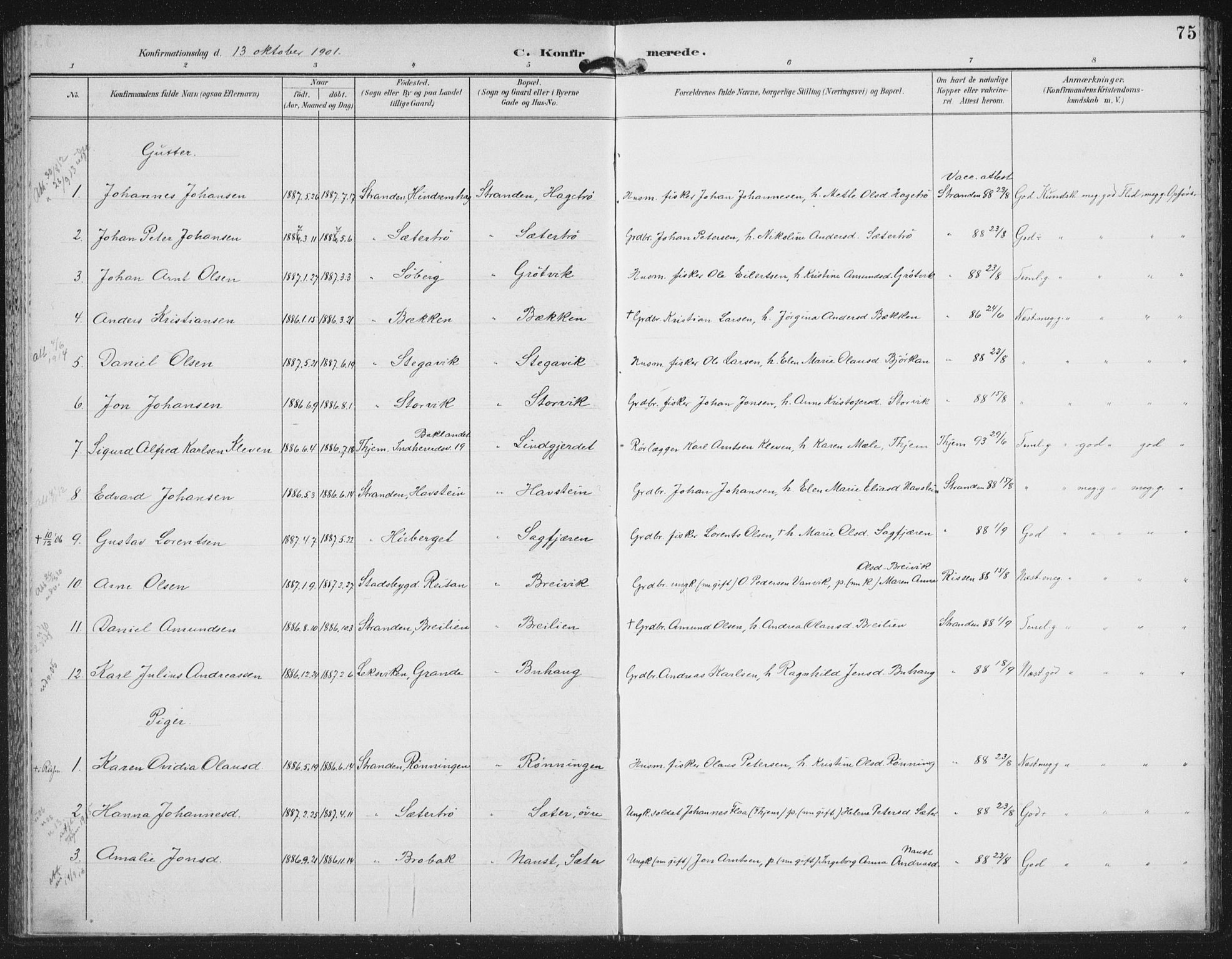Ministerialprotokoller, klokkerbøker og fødselsregistre - Nord-Trøndelag, SAT/A-1458/702/L0024: Parish register (official) no. 702A02, 1898-1914, p. 75