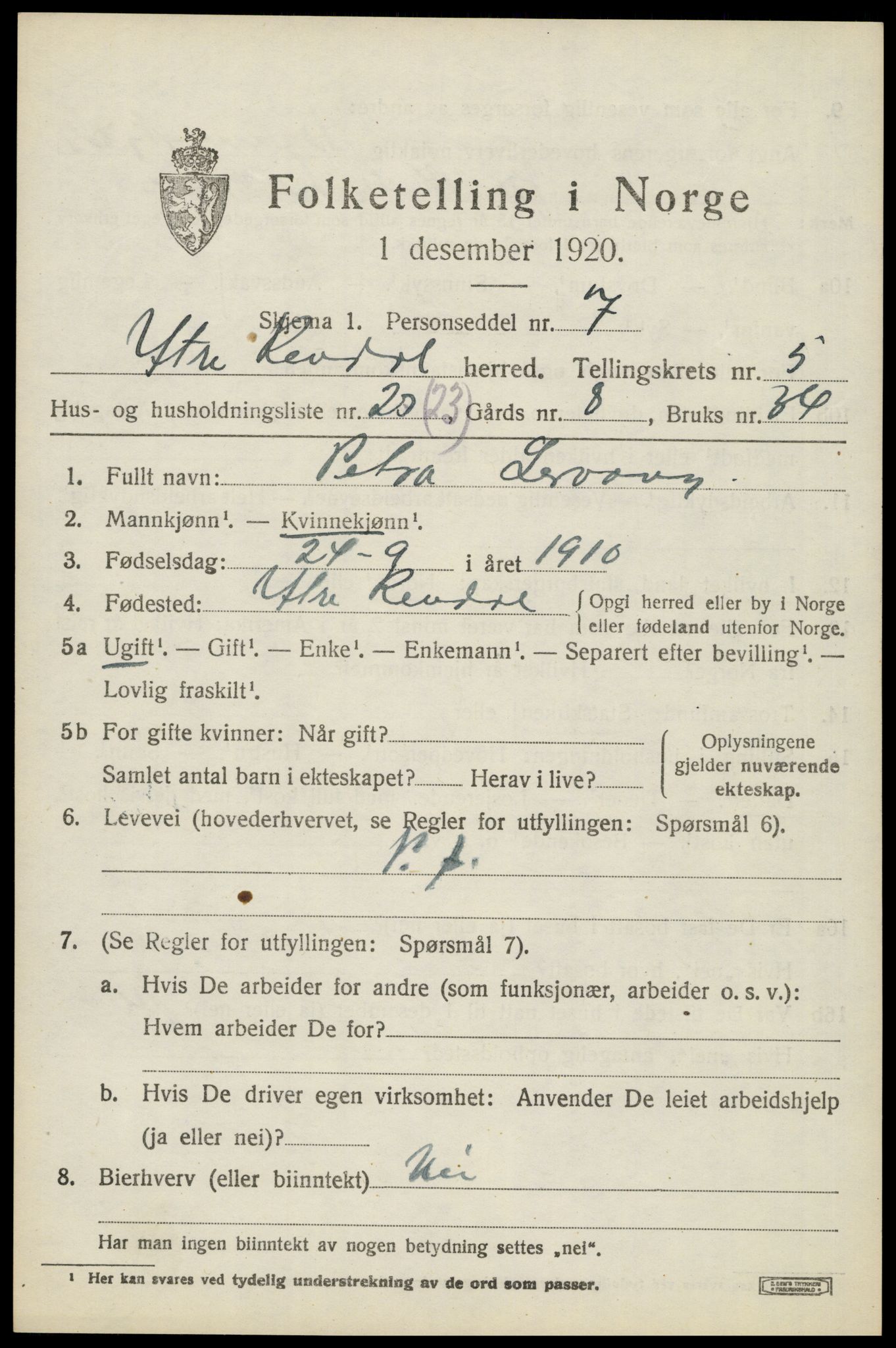 SAH, 1920 census for Ytre Rendal, 1920, p. 2907