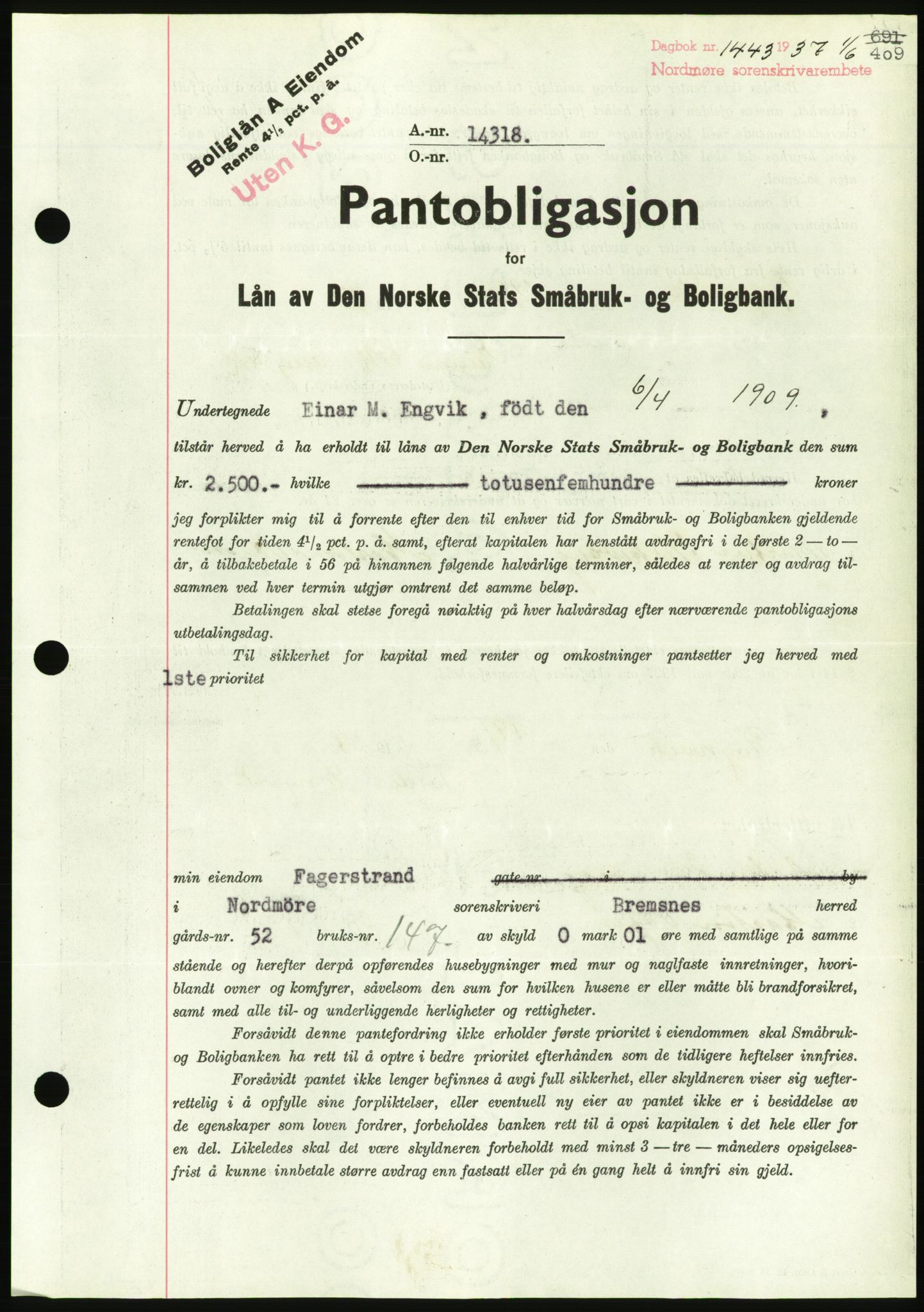 Nordmøre sorenskriveri, AV/SAT-A-4132/1/2/2Ca/L0091: Mortgage book no. B81, 1937-1937, Diary no: : 1443/1937