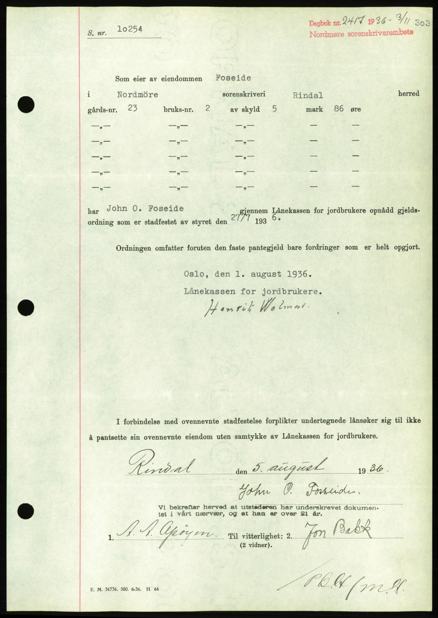 Nordmøre sorenskriveri, AV/SAT-A-4132/1/2/2Ca/L0090: Mortgage book no. B80, 1936-1937, Diary no: : 2417/1936