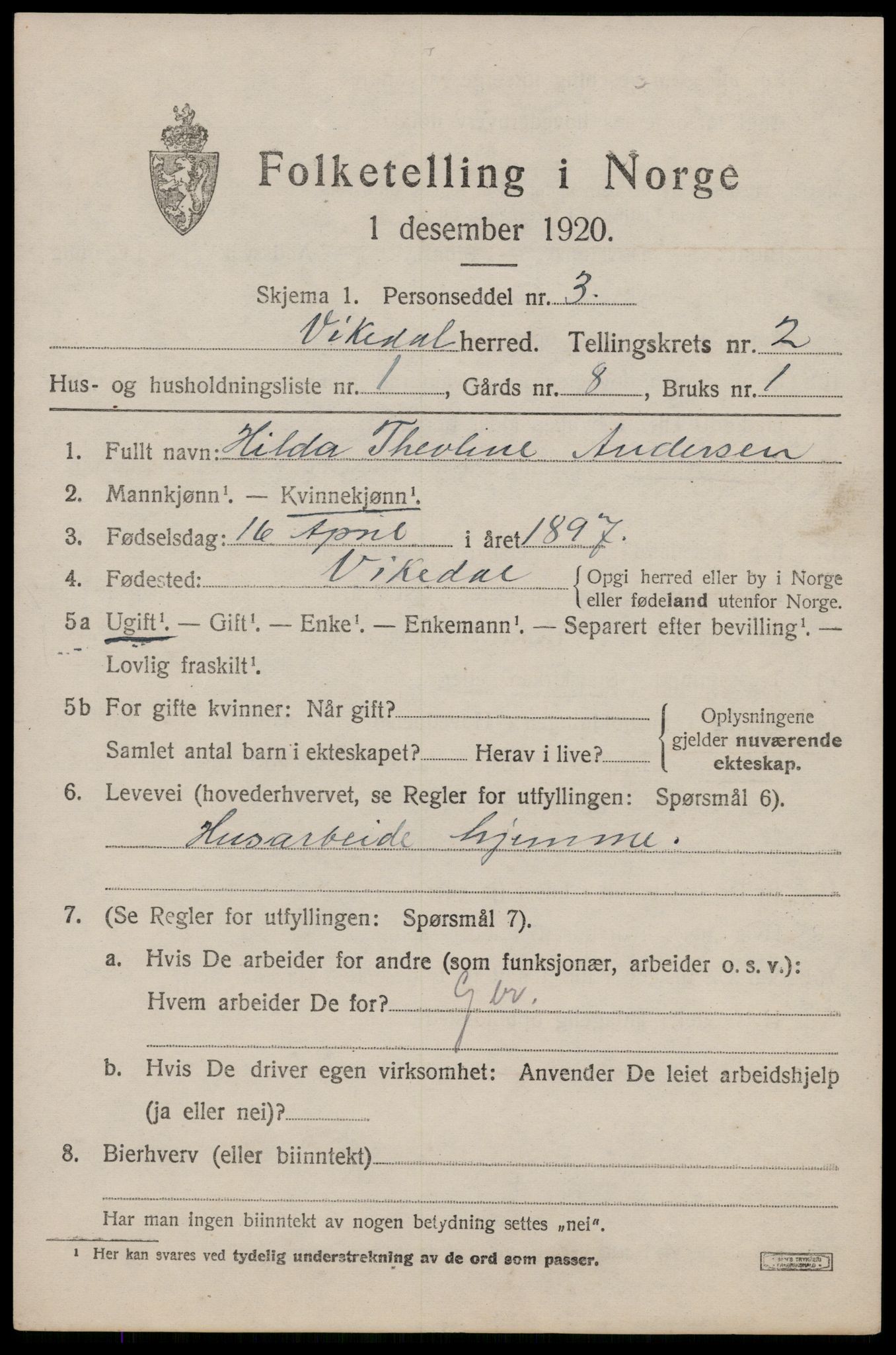 SAST, 1920 census for Vikedal, 1920, p. 1417