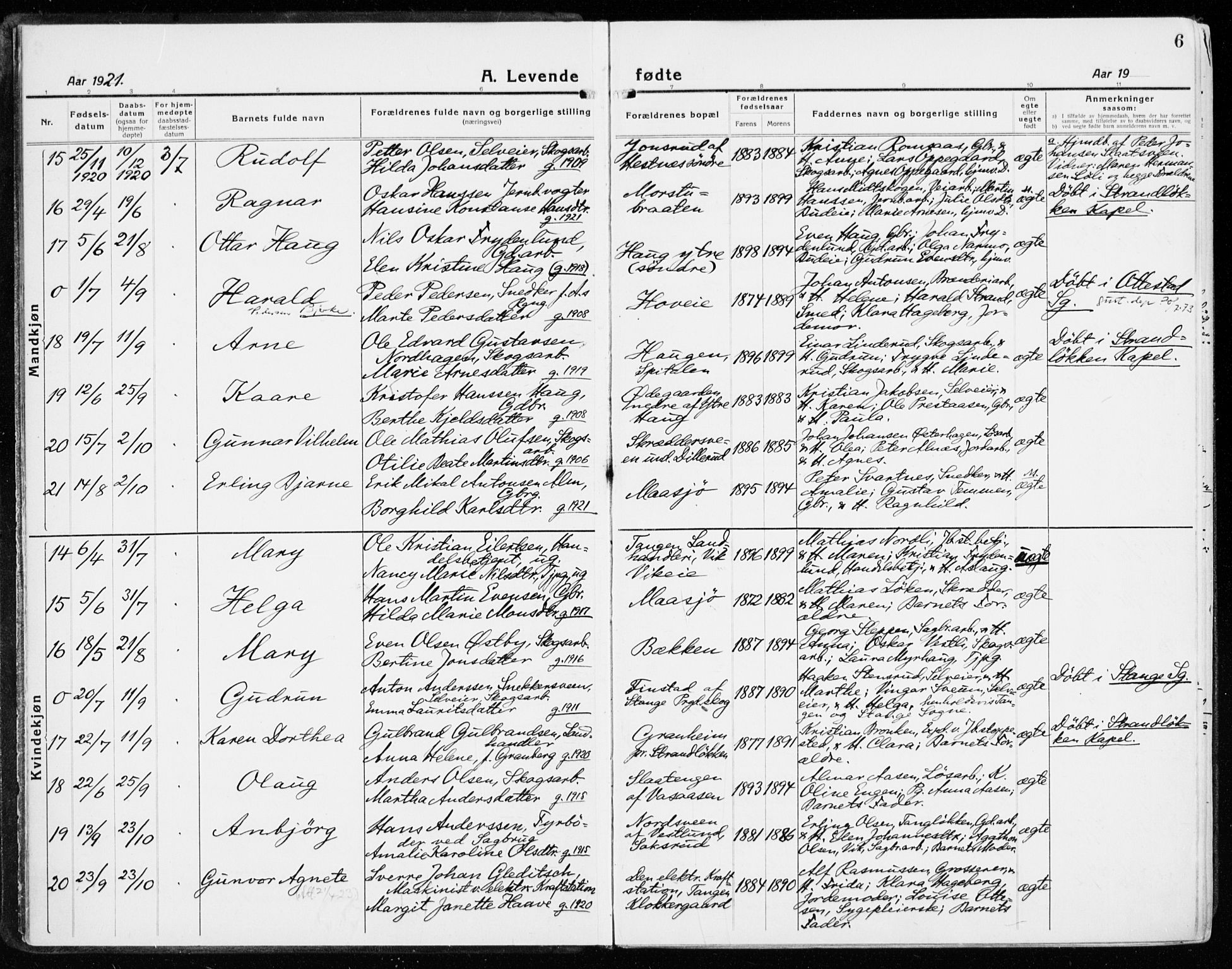 Stange prestekontor, SAH/PREST-002/K/L0025: Parish register (official) no. 25, 1921-1945, p. 6