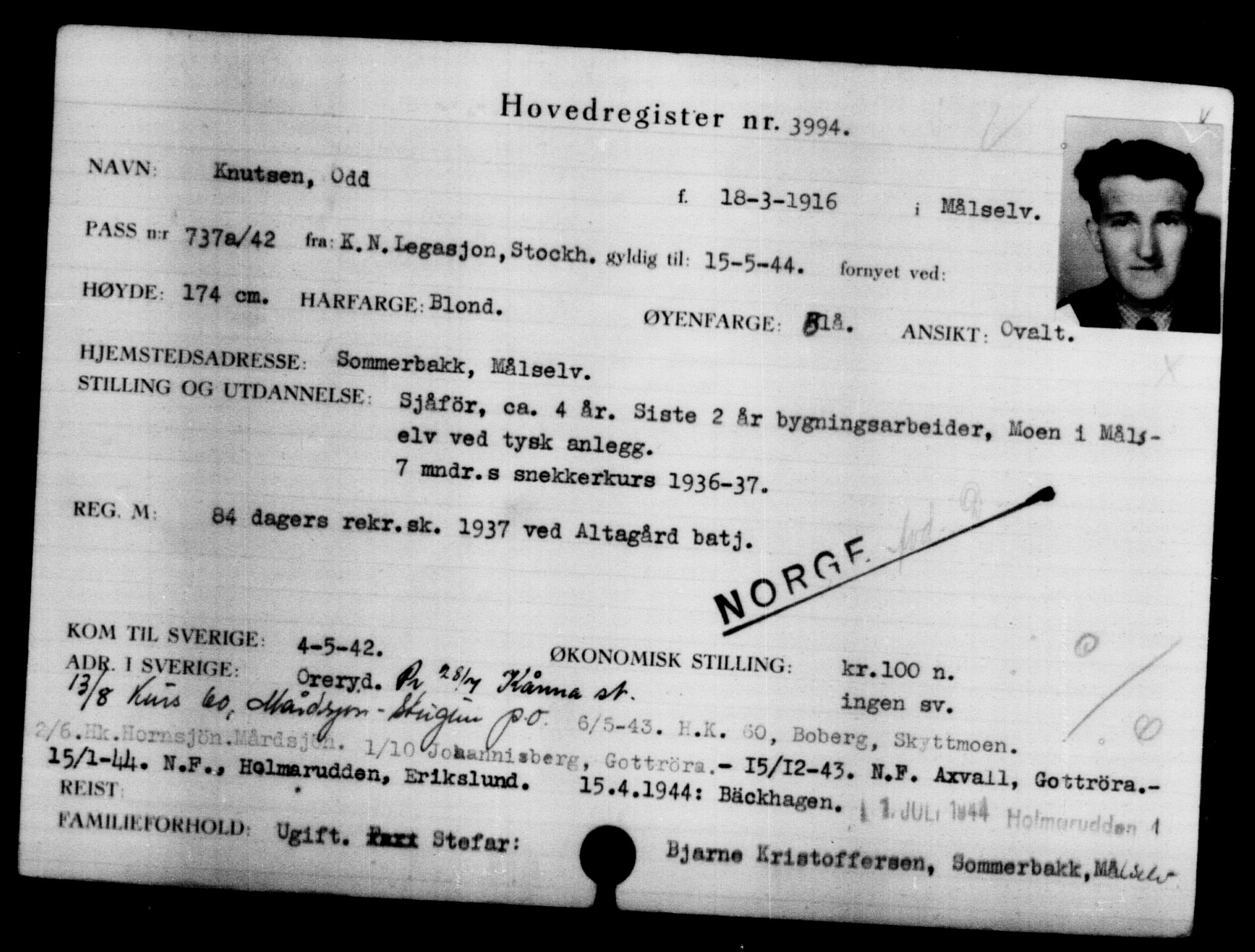Utenriksstasjonene, Legasjonen i Stockholm, Flyktningkontoret, AV/RA-S-6753/V/Va/L0004: Kjesäterkartoteket, flyktninger med registreringsnr. 3496-6610, 1940-1945, p. 580