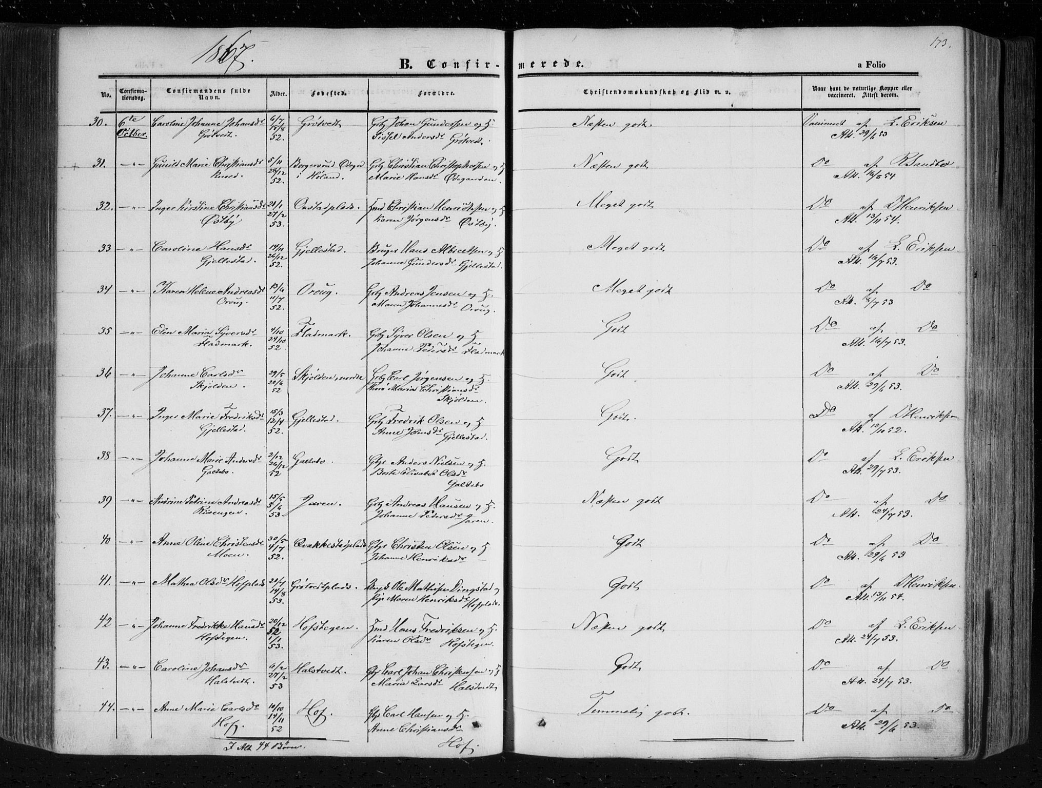 Askim prestekontor Kirkebøker, AV/SAO-A-10900/F/Fa/L0005: Parish register (official) no. 5, 1847-1879, p. 173