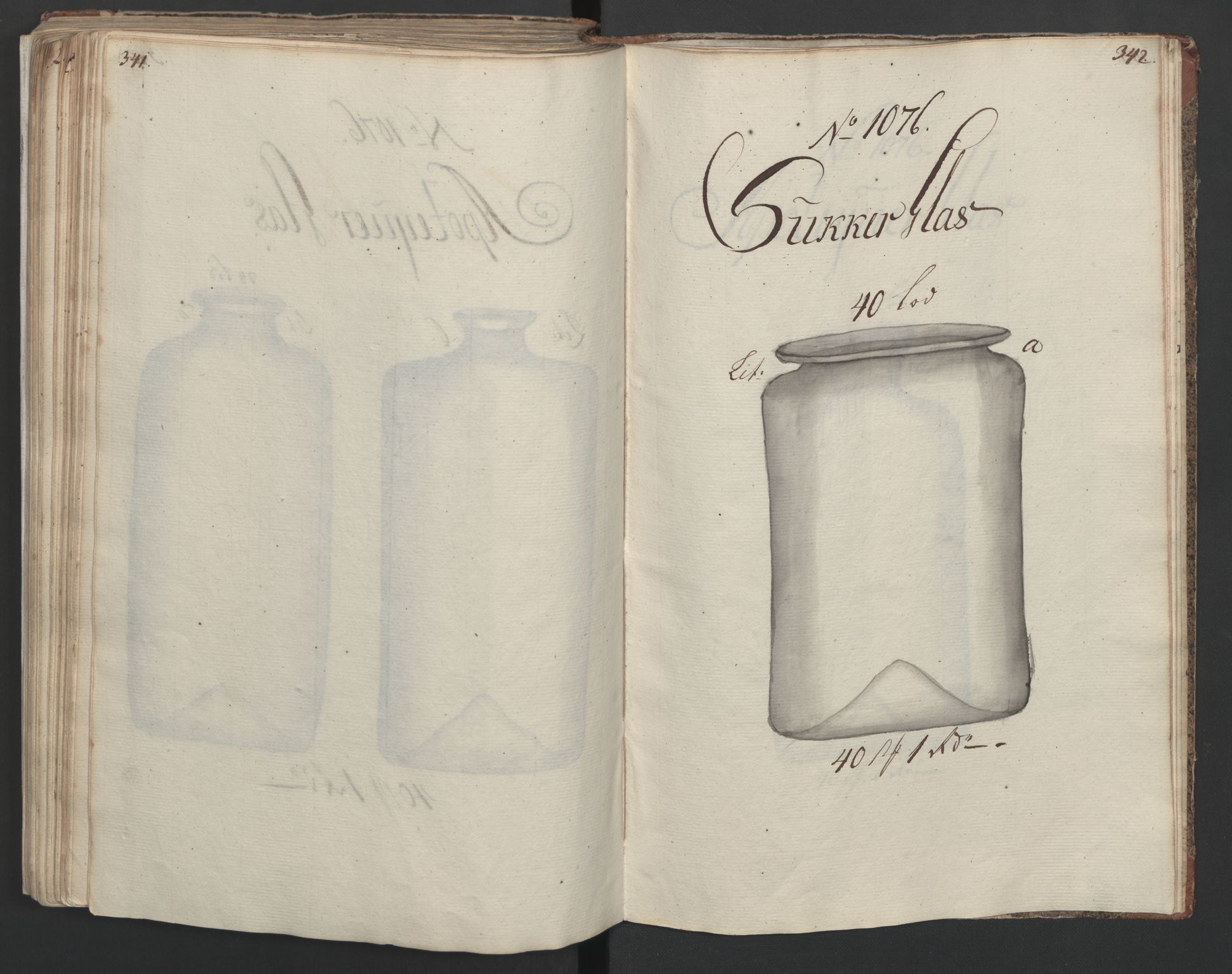 Glassverk, samlinger, AV/RA-PA-0001/F/Fa/L0036: Modellbok for Nøstetangens og Aas' produkter med prisangivelse,, 1763, p. 341-342