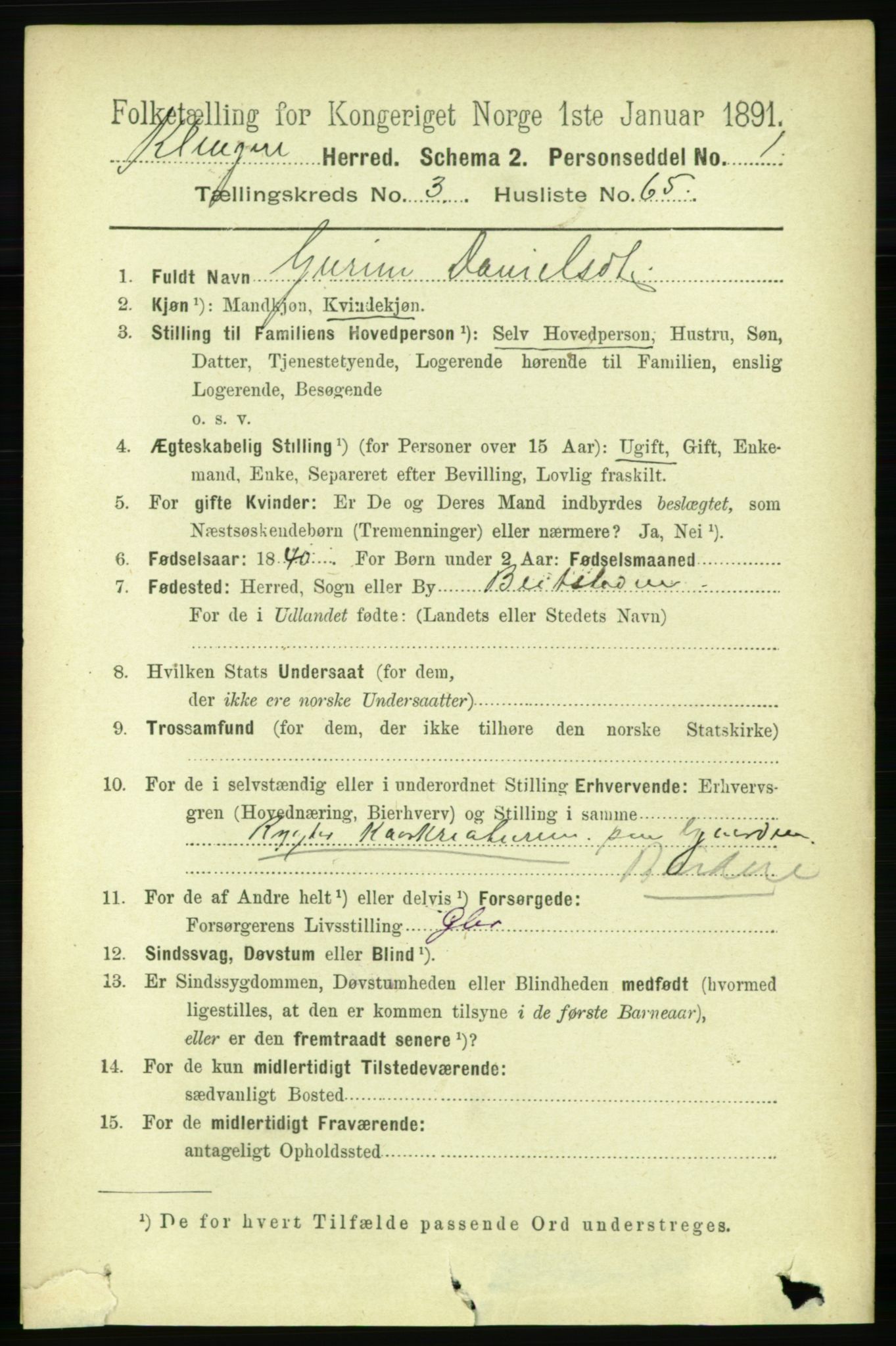 RA, 1891 census for 1746 Klinga, 1891, p. 1100