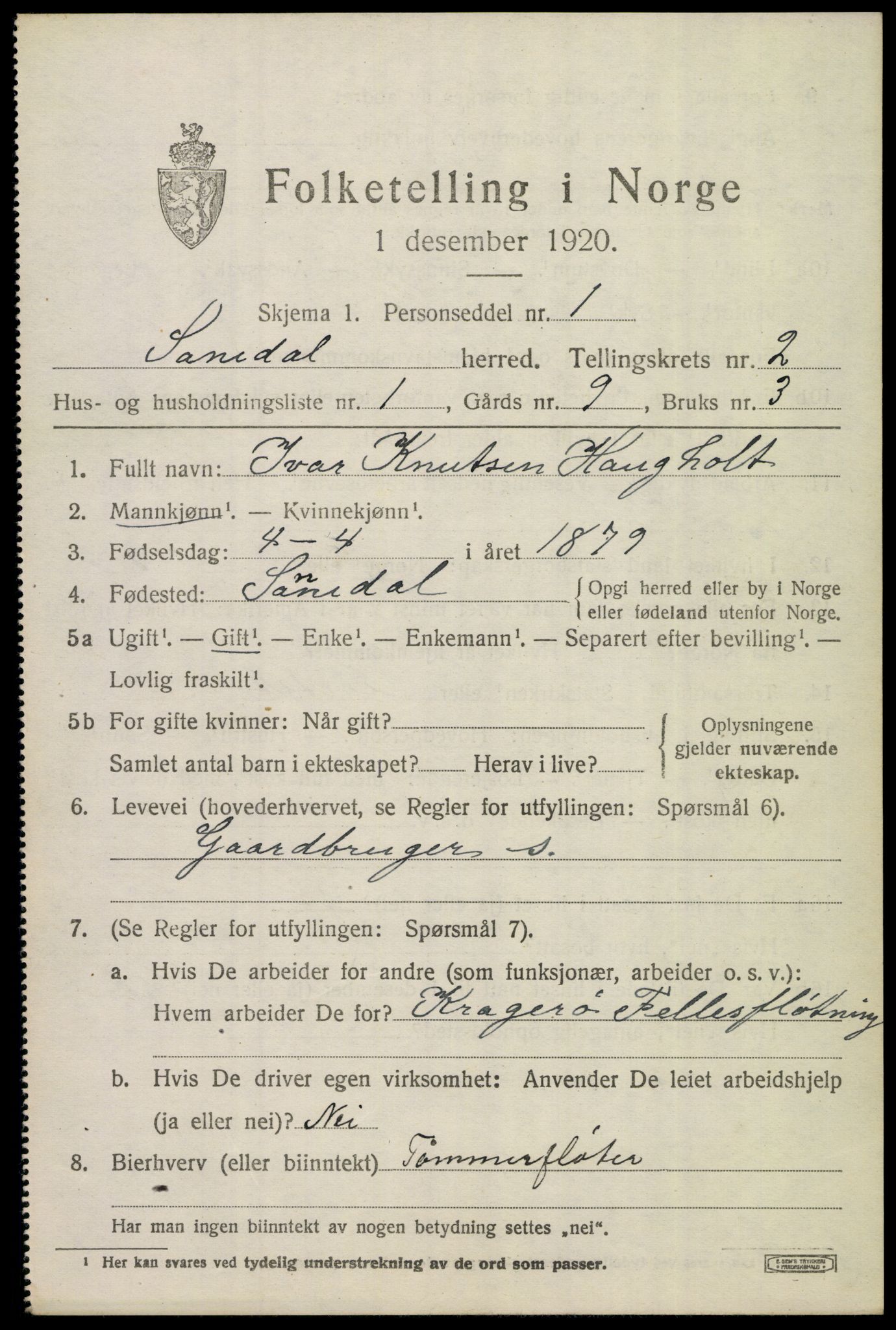 SAKO, 1920 census for Sannidal, 1920, p. 1643