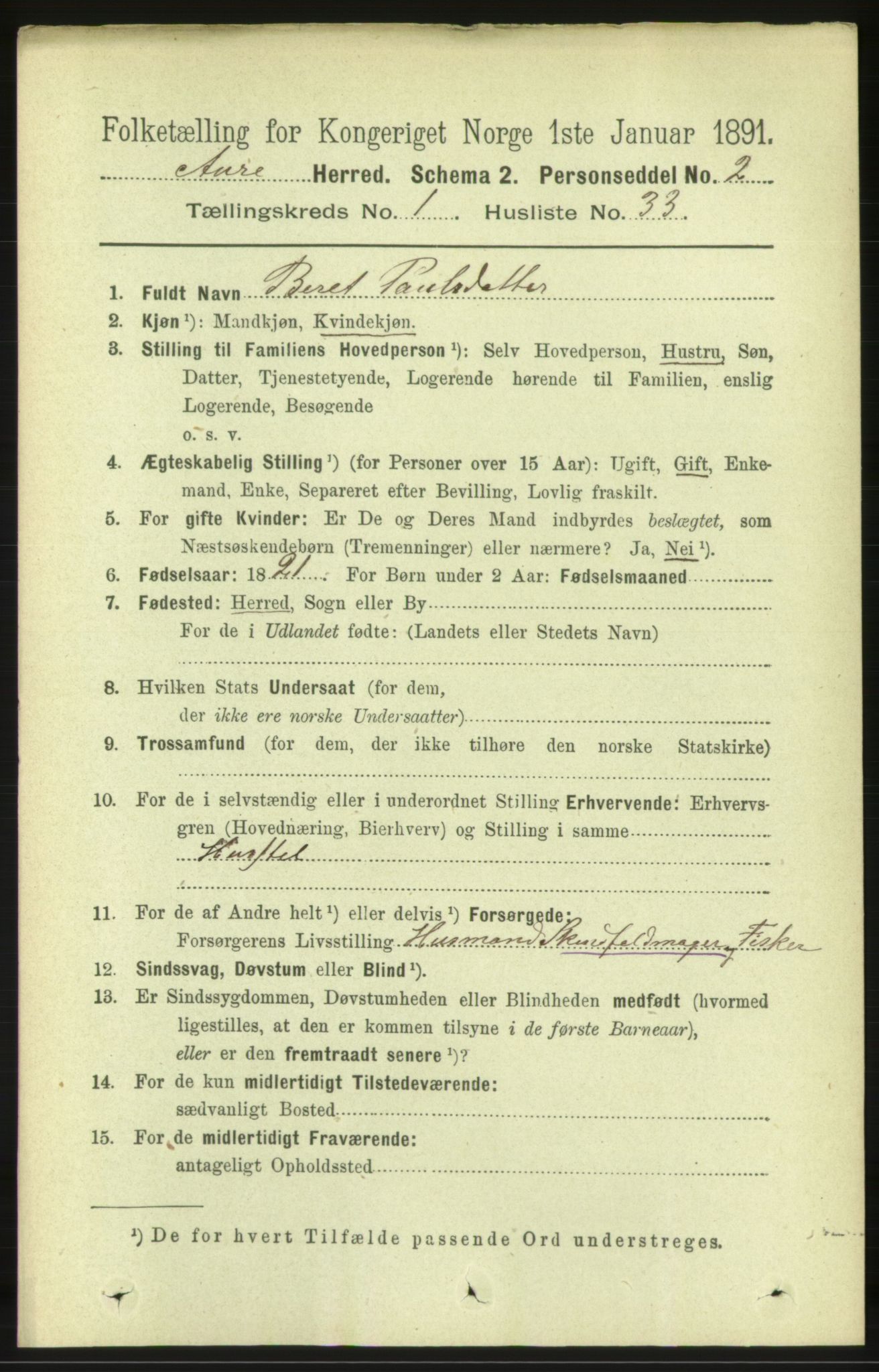 RA, 1891 census for 1569 Aure, 1891, p. 332