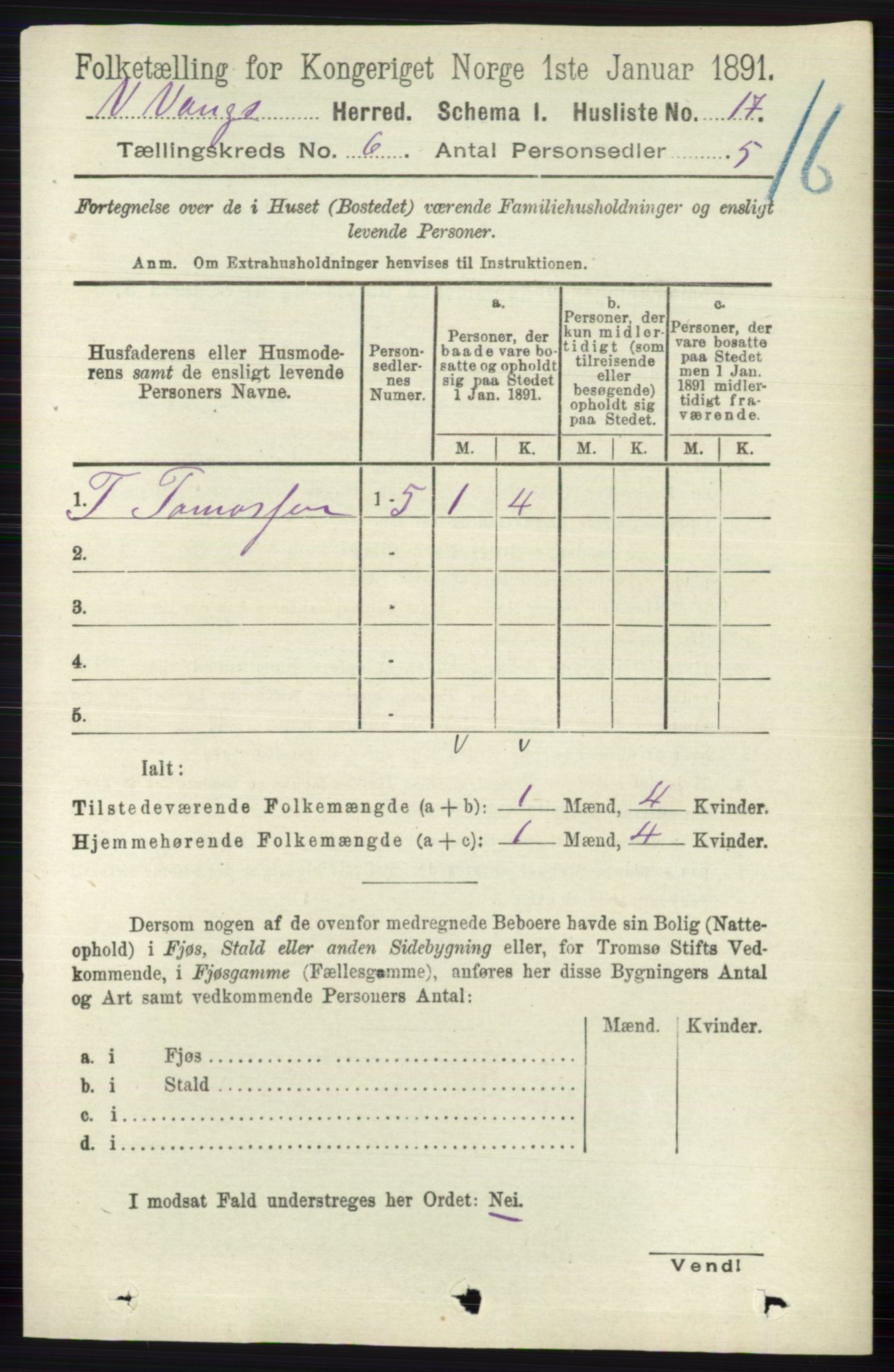 RA, 1891 census for 0545 Vang, 1891, p. 1245