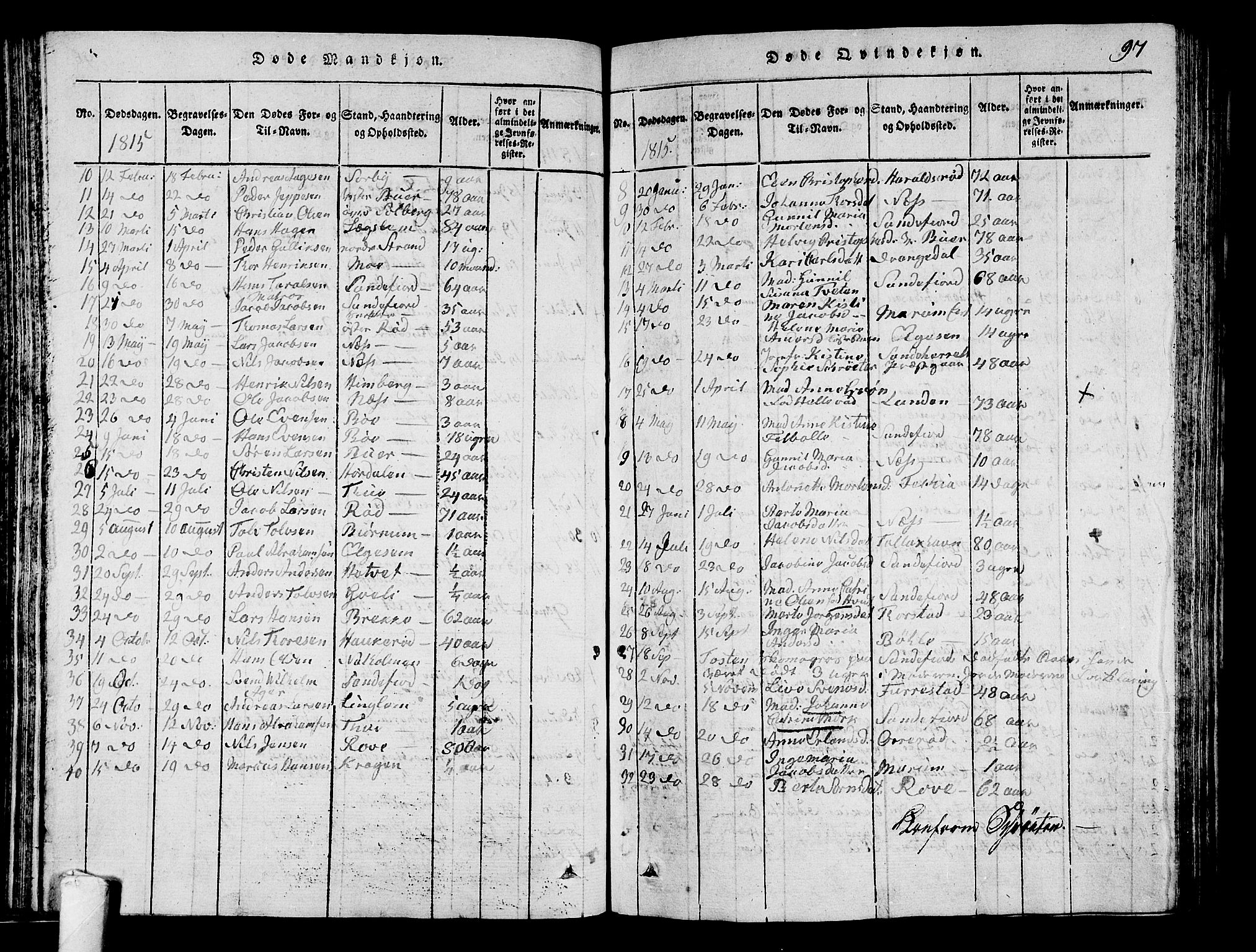 Sandar kirkebøker, SAKO/A-243/G/Ga/L0001: Parish register (copy) no. 1, 1814-1835, p. 97