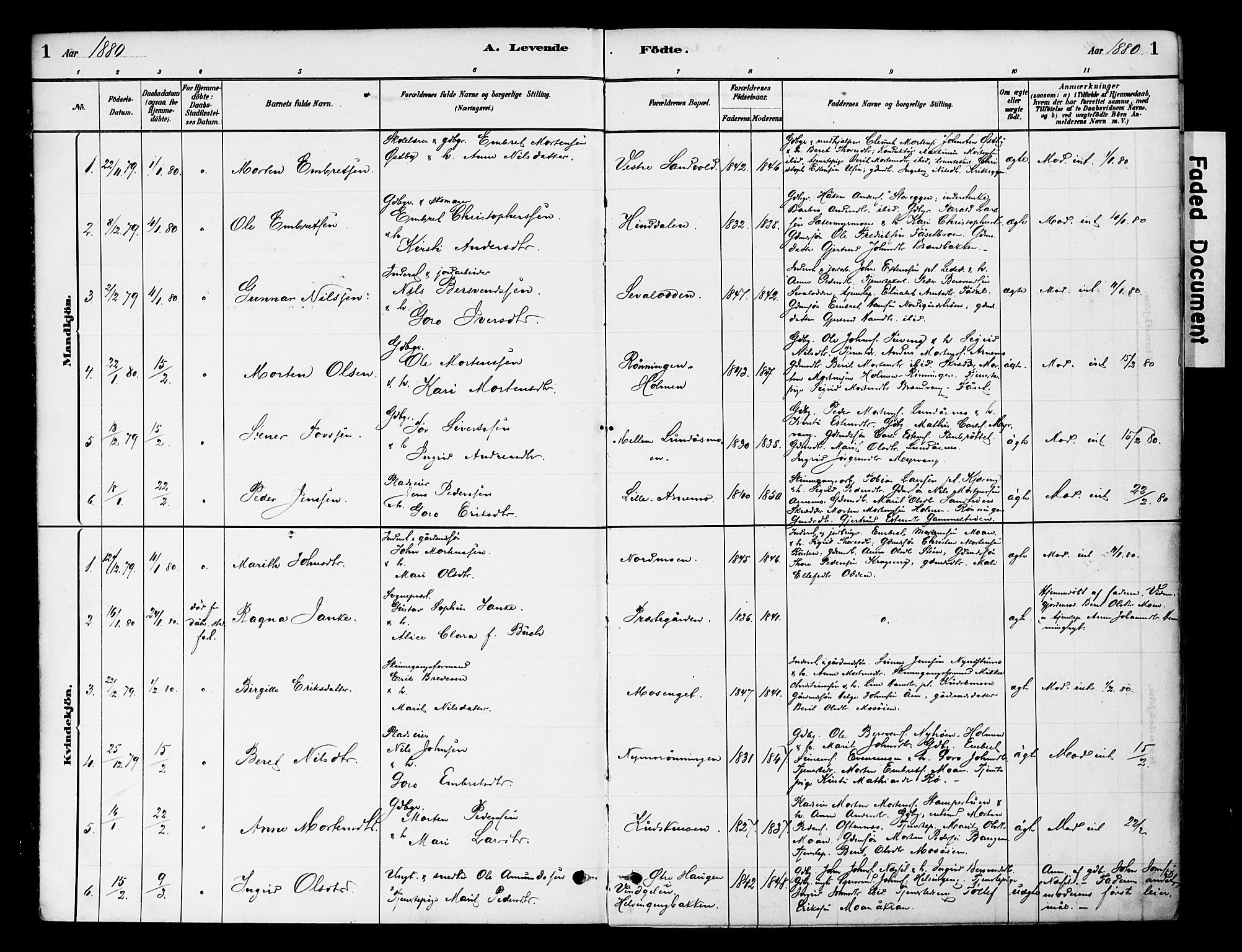 Tynset prestekontor, SAH/PREST-058/H/Ha/Haa/L0022: Parish register (official) no. 22, 1880-1899, p. 1