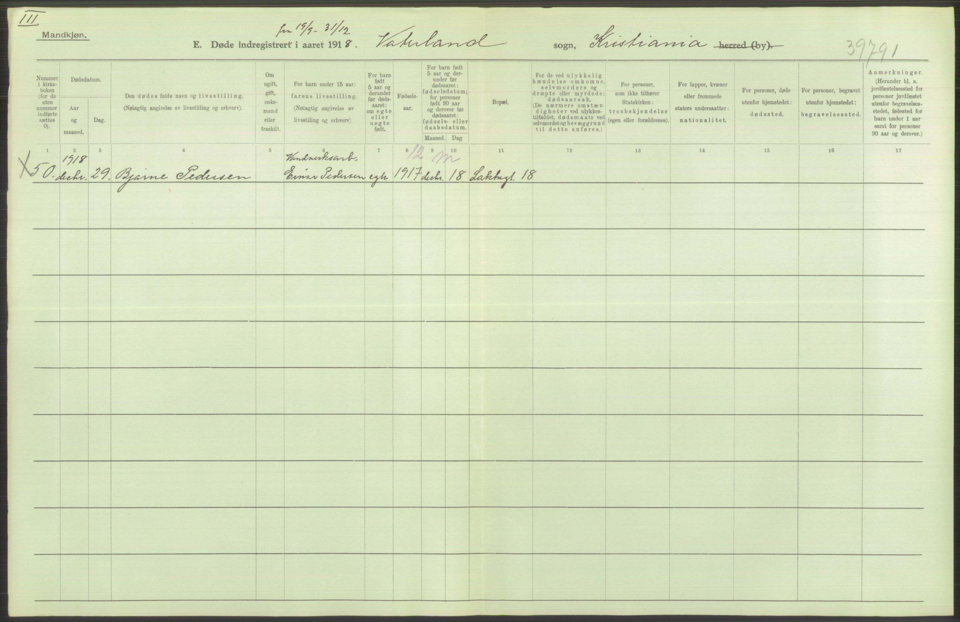 Statistisk sentralbyrå, Sosiodemografiske emner, Befolkning, RA/S-2228/D/Df/Dfb/Dfbh/L0011: Kristiania: Døde, dødfødte, 1918, p. 20