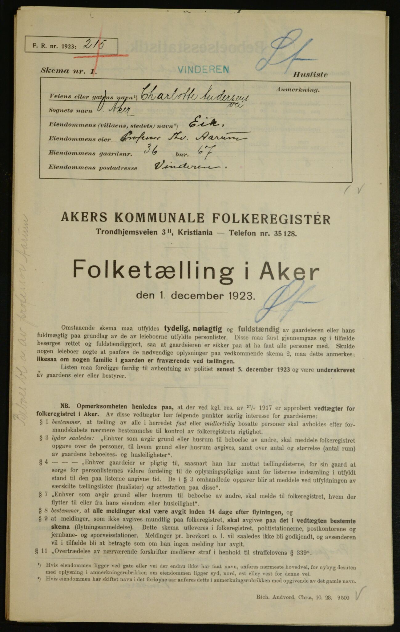 , Municipal Census 1923 for Aker, 1923, p. 8698