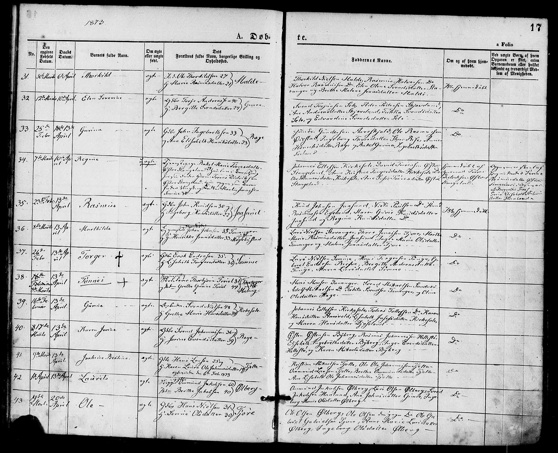 Håland sokneprestkontor, AV/SAST-A-101802/001/30BA/L0009: Parish register (official) no. A 8, 1871-1882, p. 17