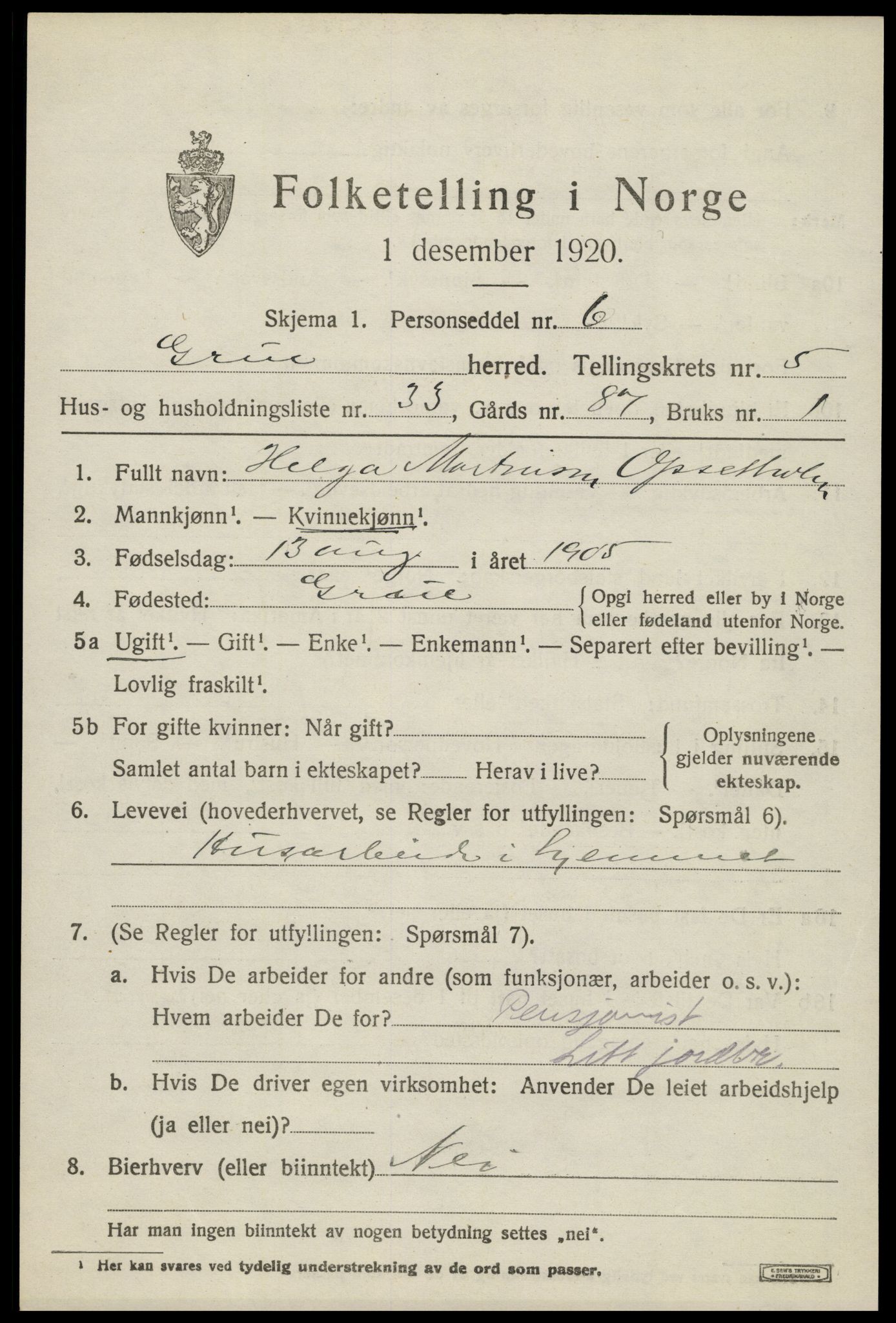 SAH, 1920 census for Grue, 1920, p. 5521