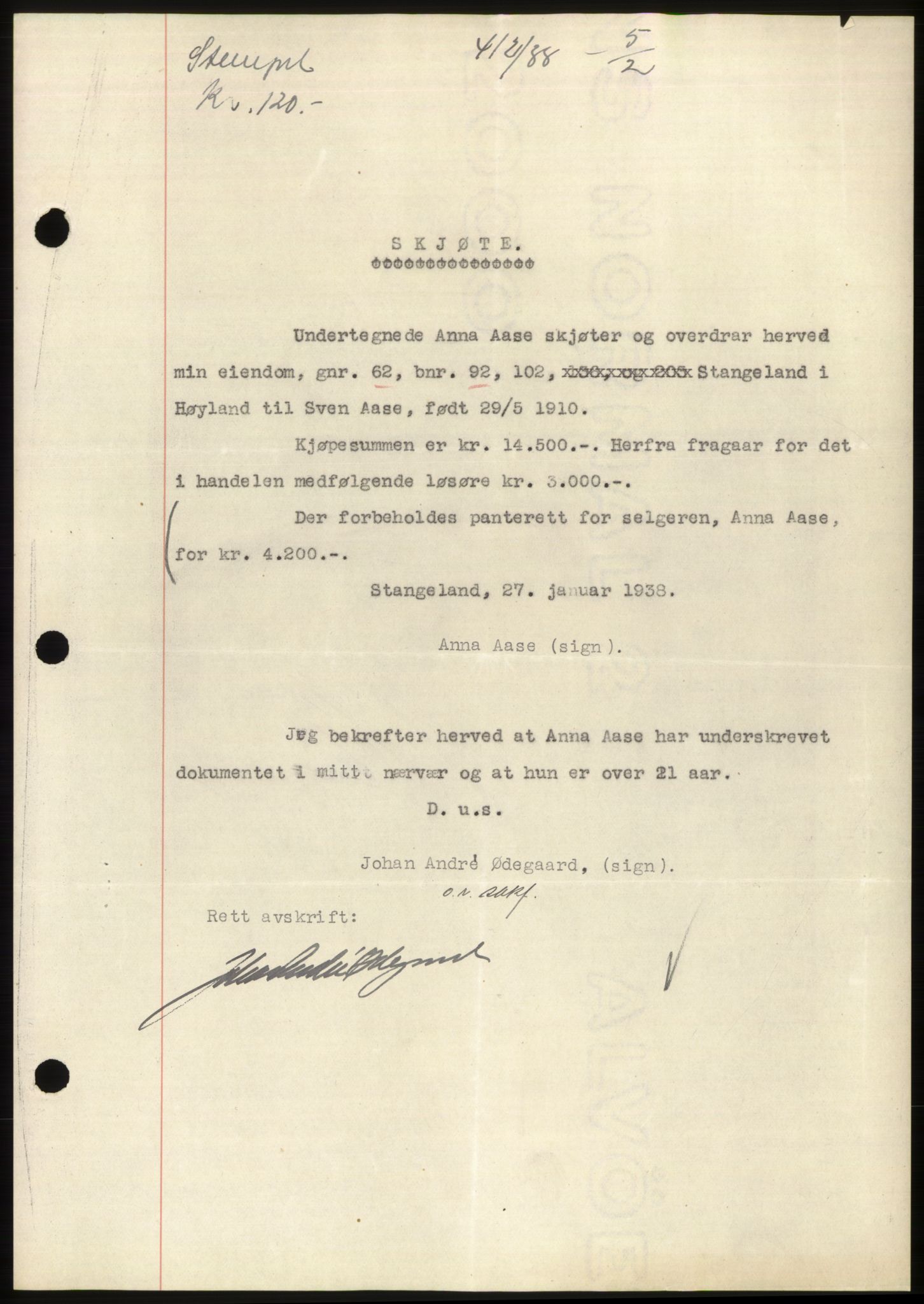 Jæren sorenskriveri, SAST/A-100310/03/G/Gba/L0070: Mortgage book, 1938-1938, Diary no: : 412/1938