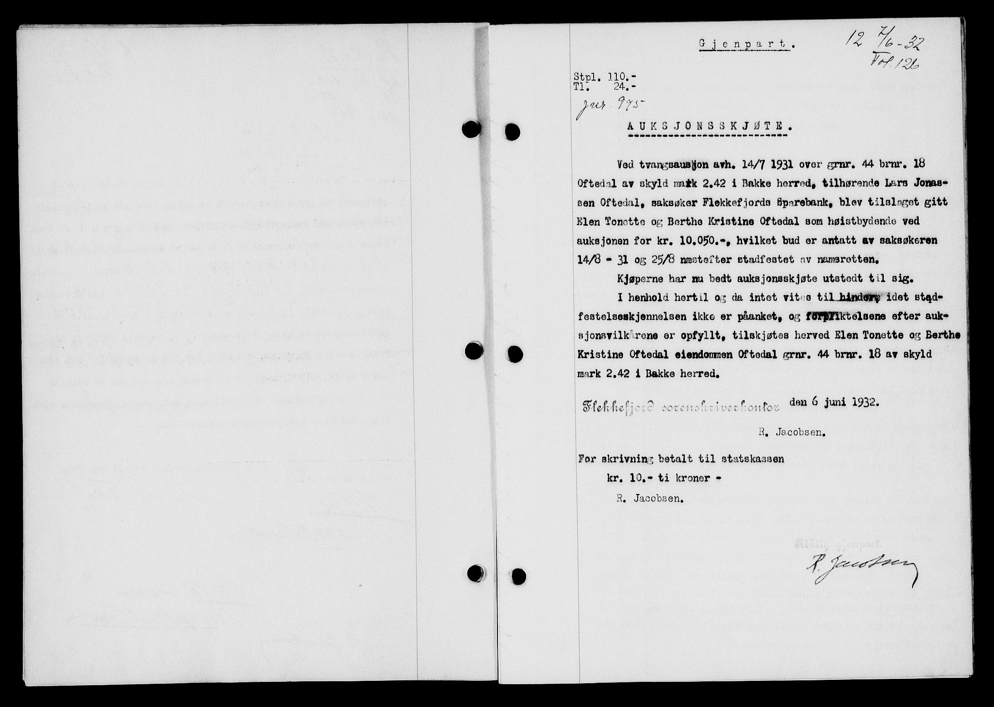 Flekkefjord sorenskriveri, SAK/1221-0001/G/Gb/Gba/L0047: Mortgage book no. 45, 1931-1932, Deed date: 07.06.1932