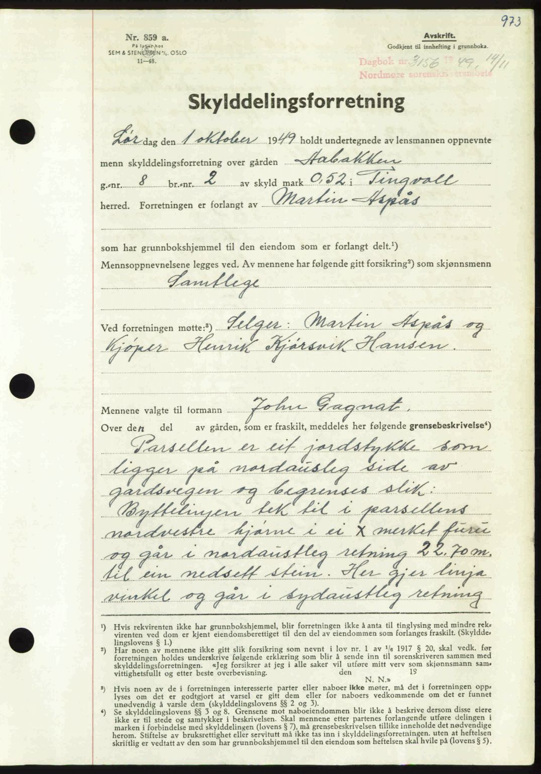 Nordmøre sorenskriveri, AV/SAT-A-4132/1/2/2Ca: Mortgage book no. A112, 1949-1949, Diary no: : 3156/1949