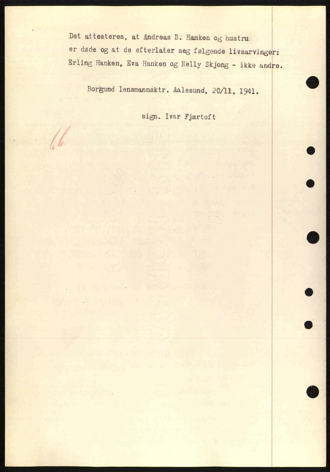 Nordre Sunnmøre sorenskriveri, AV/SAT-A-0006/1/2/2C/2Ca: Mortgage book no. A12, 1941-1942, Diary no: : 1833/1941