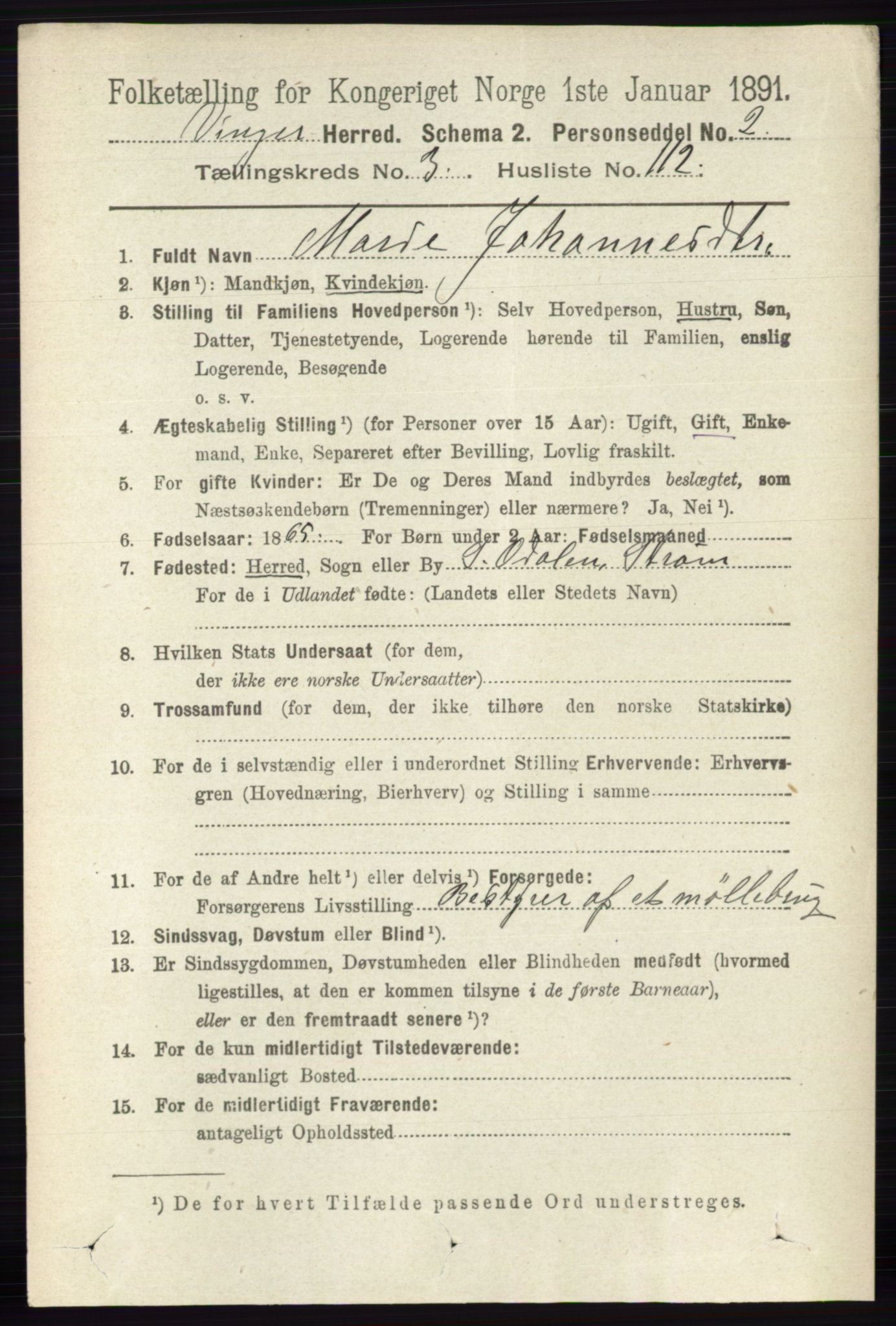 RA, 1891 census for 0421 Vinger, 1891, p. 1576