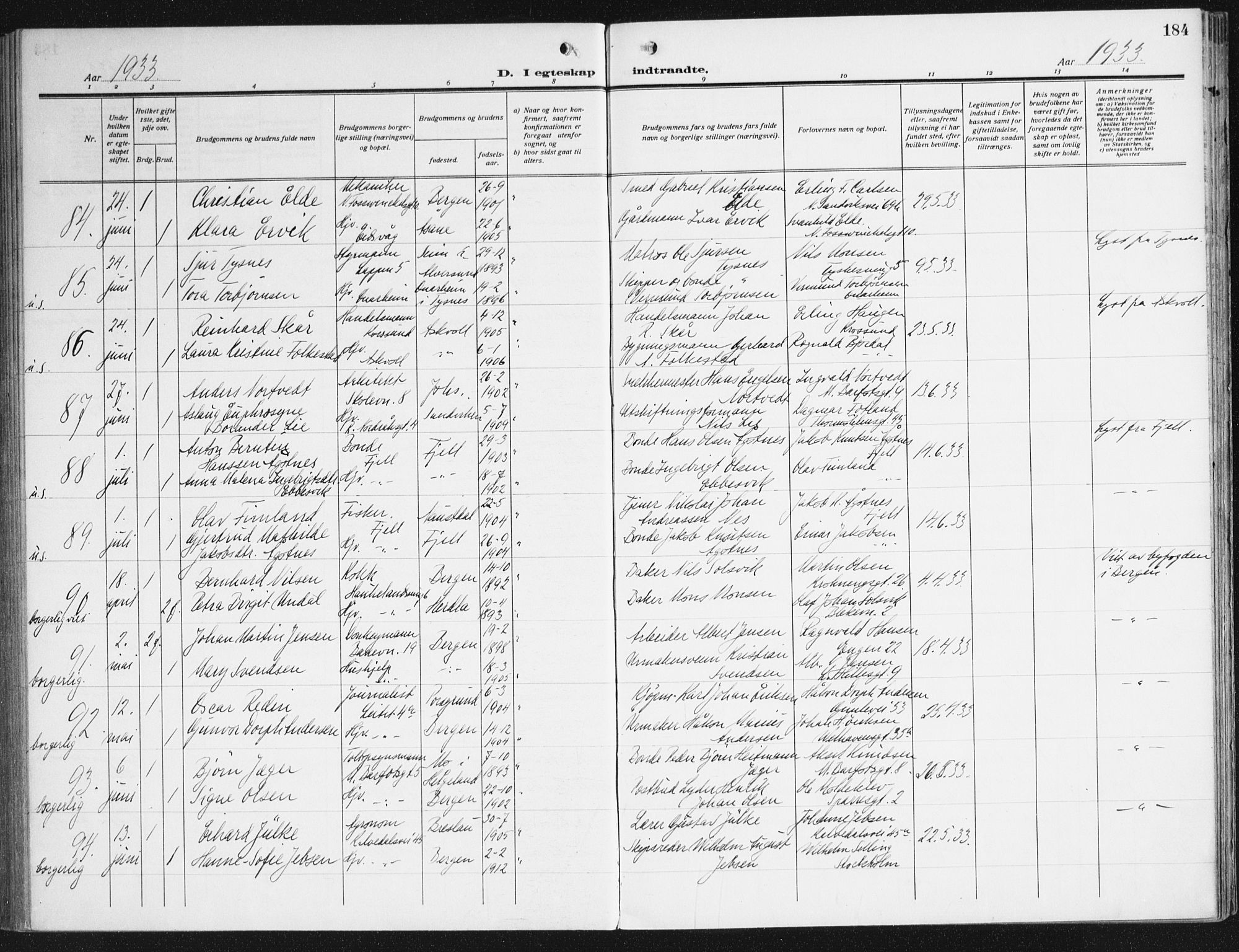 Domkirken sokneprestembete, SAB/A-74801/H/Haa/L0039: Parish register (official) no. D 6, 1921-1937, p. 184