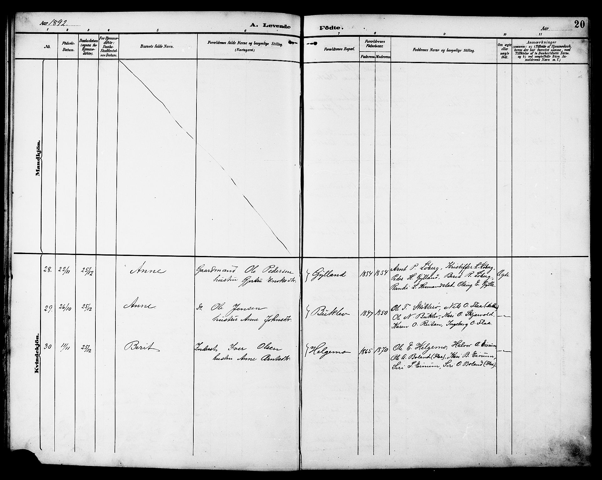 Ministerialprotokoller, klokkerbøker og fødselsregistre - Sør-Trøndelag, AV/SAT-A-1456/692/L1111: Parish register (copy) no. 692C06, 1890-1904, p. 20