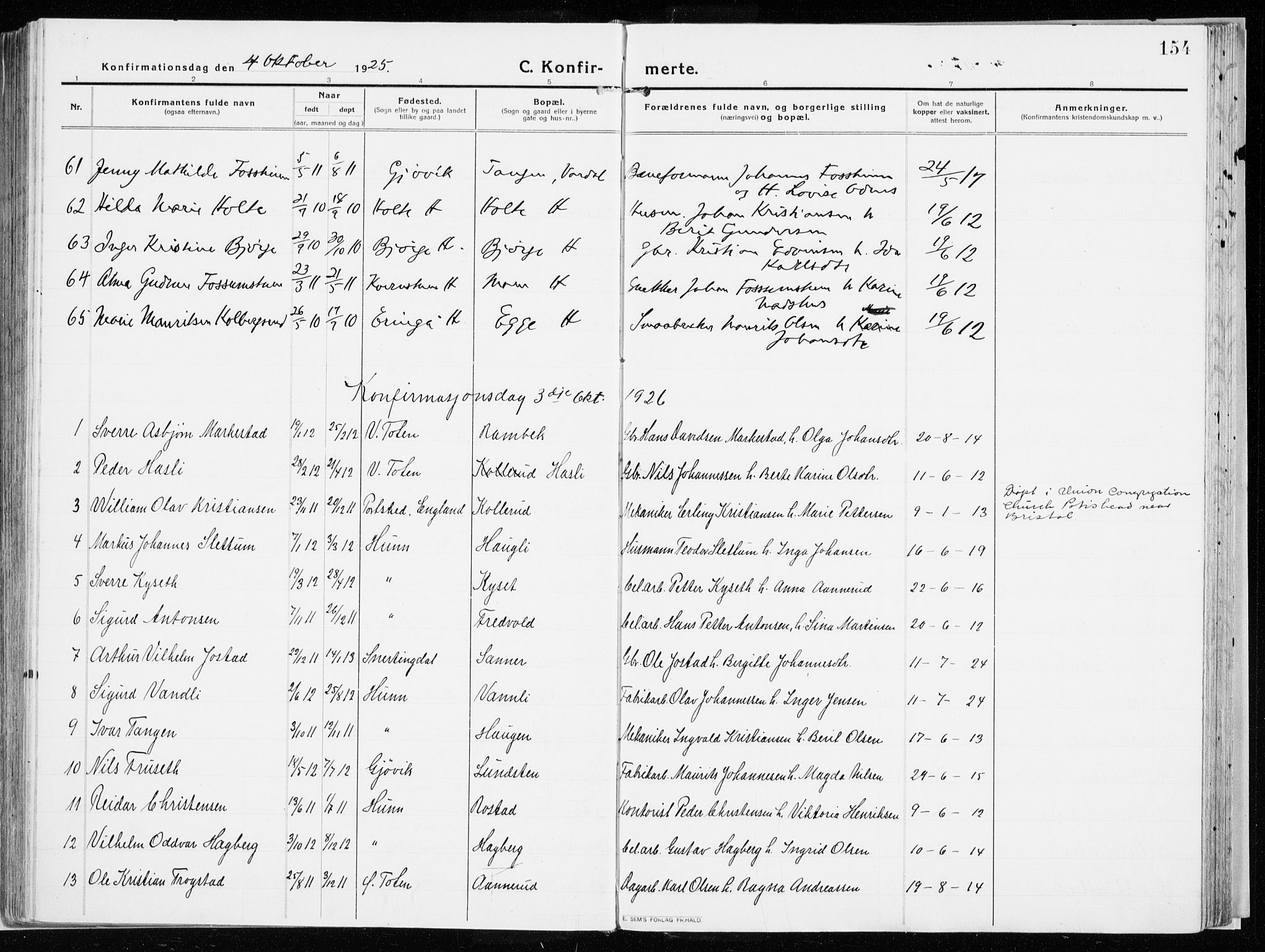 Vardal prestekontor, SAH/PREST-100/H/Ha/Haa/L0017: Parish register (official) no. 17, 1915-1929, p. 154