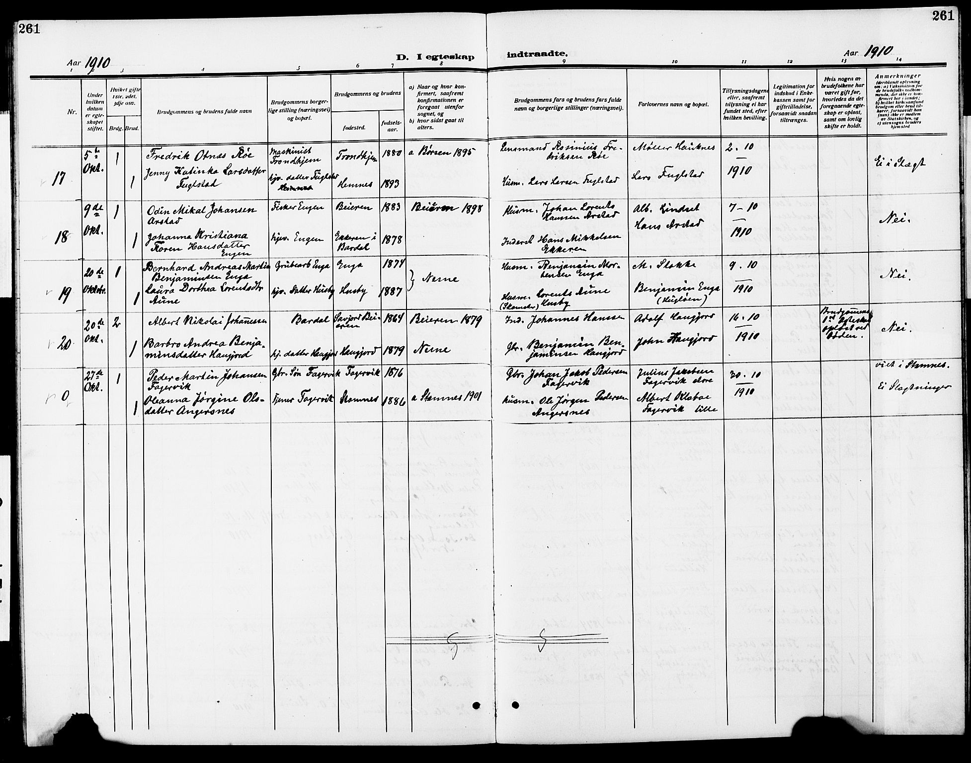 Ministerialprotokoller, klokkerbøker og fødselsregistre - Nordland, SAT/A-1459/838/L0560: Parish register (copy) no. 838C07, 1910-1928, p. 261