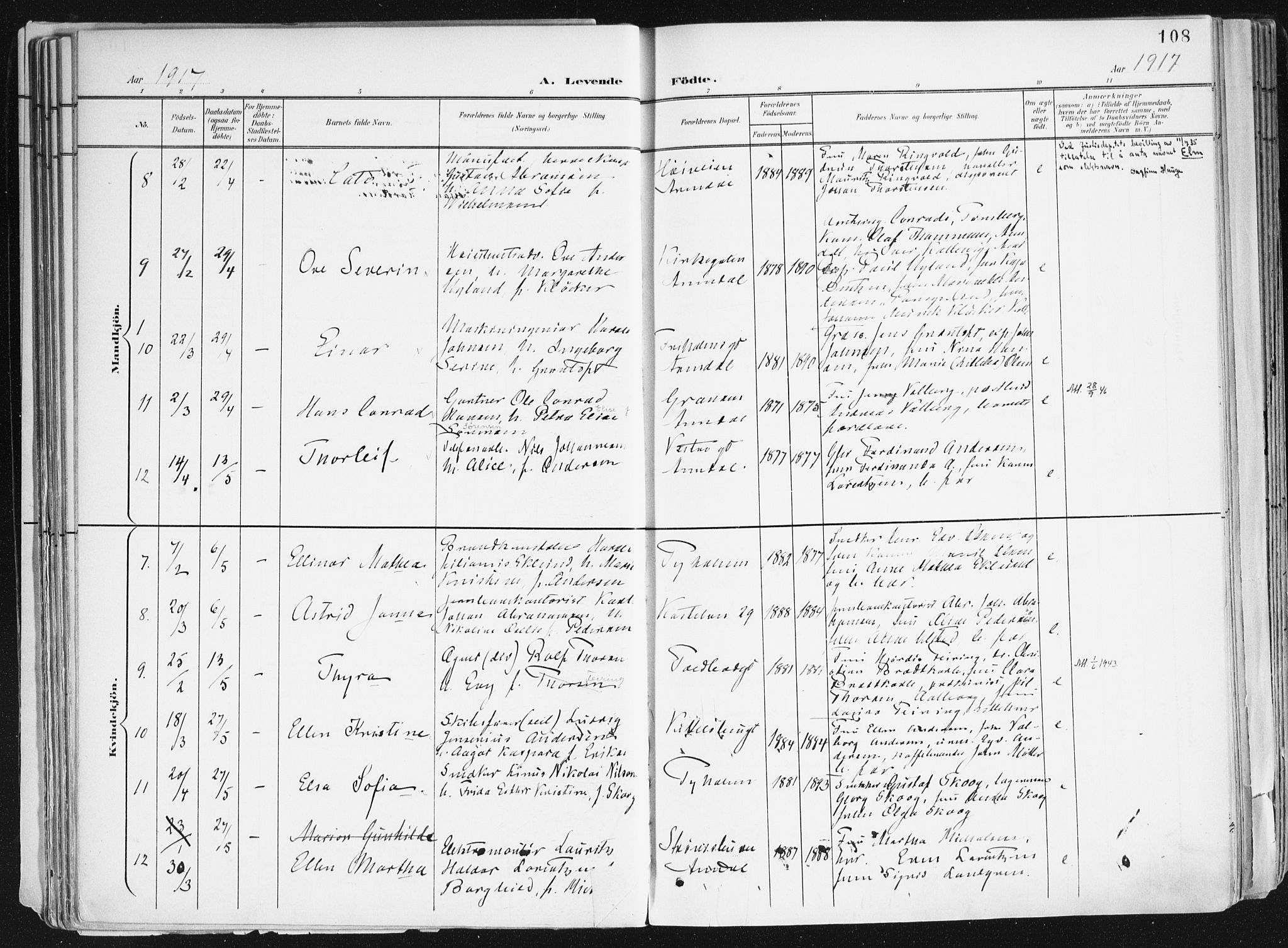 Arendal sokneprestkontor, Trefoldighet, AV/SAK-1111-0040/F/Fa/L0010: Parish register (official) no. A 10, 1900-1919, p. 108