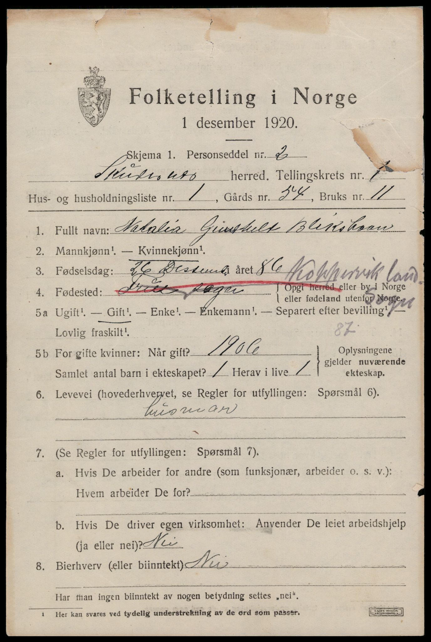 SAST, 1920 census for Skudenes, 1920, p. 1156