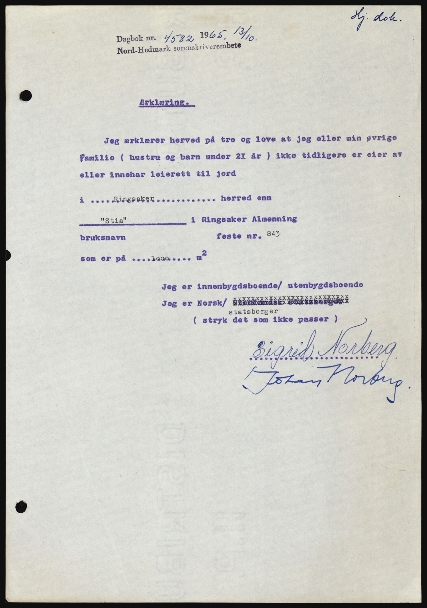 Nord-Hedmark sorenskriveri, SAH/TING-012/H/Hc/L0022: Mortgage book no. 22, 1965-1965, Diary no: : 4582/1965